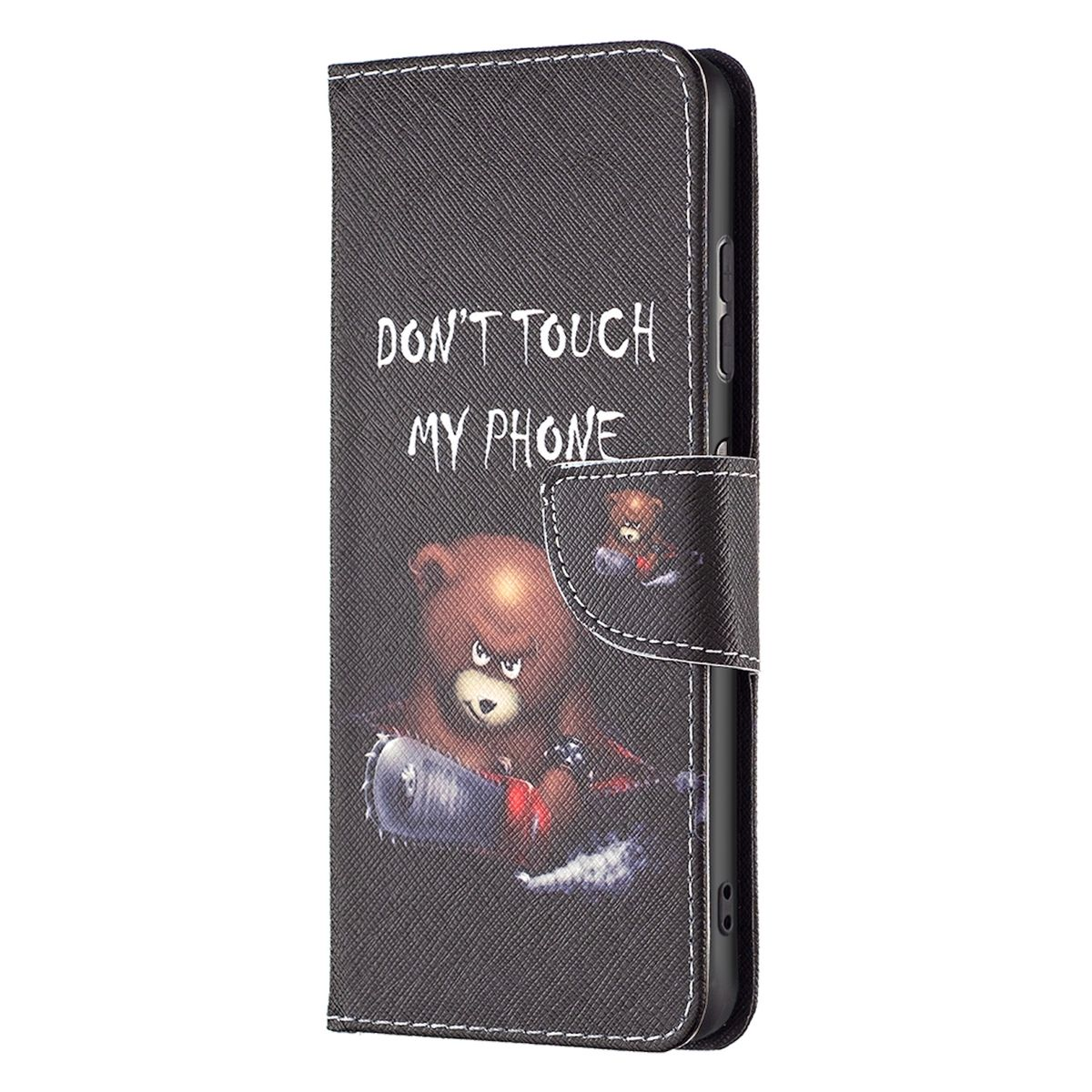 Handyhülle mit Bär, der eine Kettensäge hält, Text: DON'T TOUCH MY PHONE.