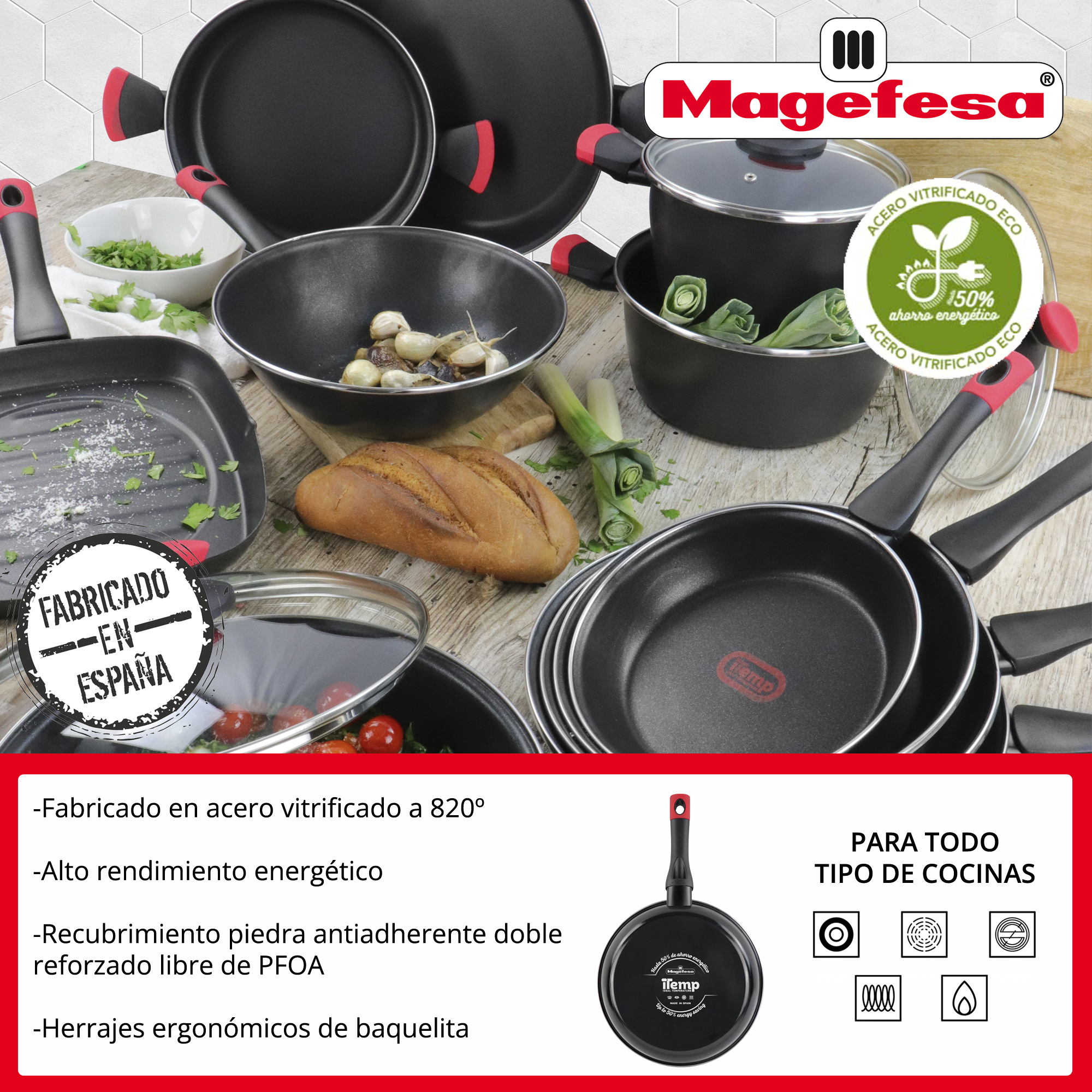 Surtido de utensilios de cocina negros con asas rojas, sobre madera, incluye sartenes, ollas y una barra de pan.