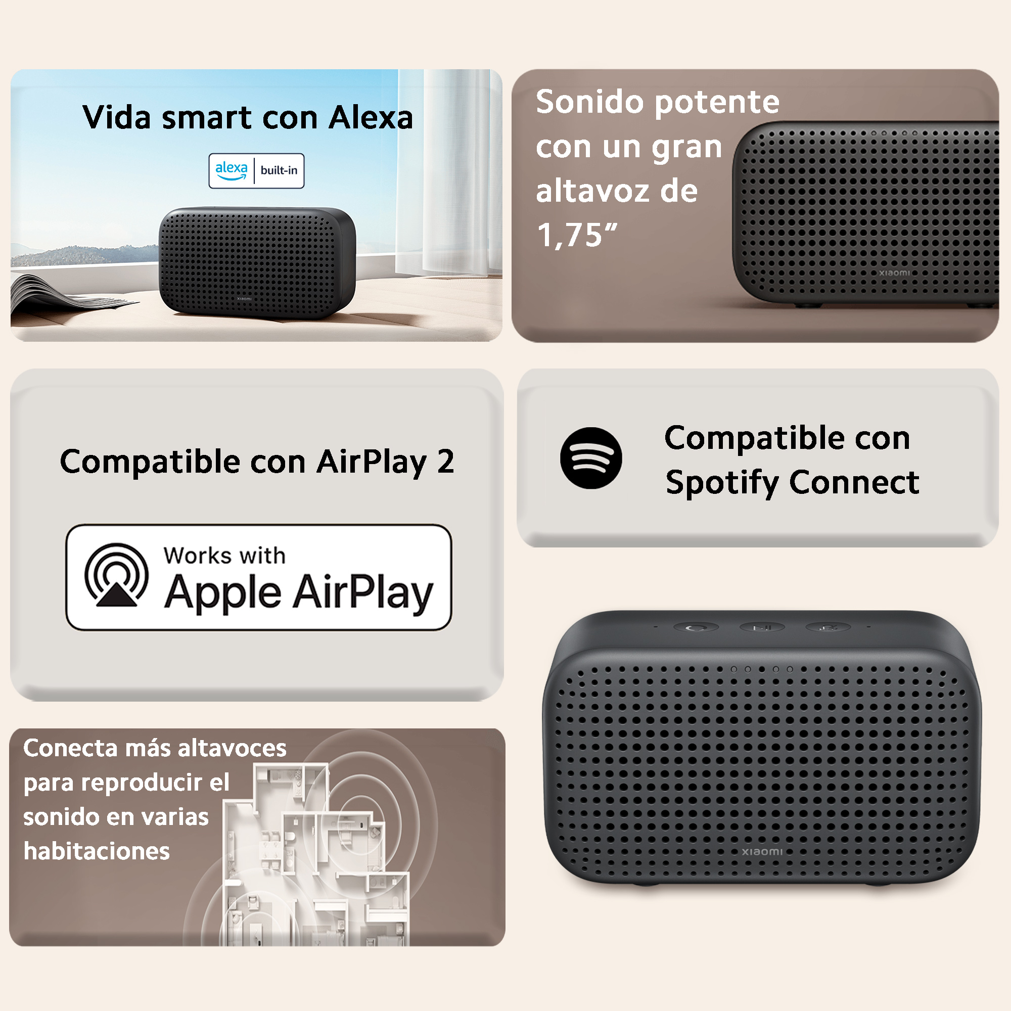 Czarny głośnik z ekranem dotykowym i grafikami informacyjnymi o jego funkcjach.