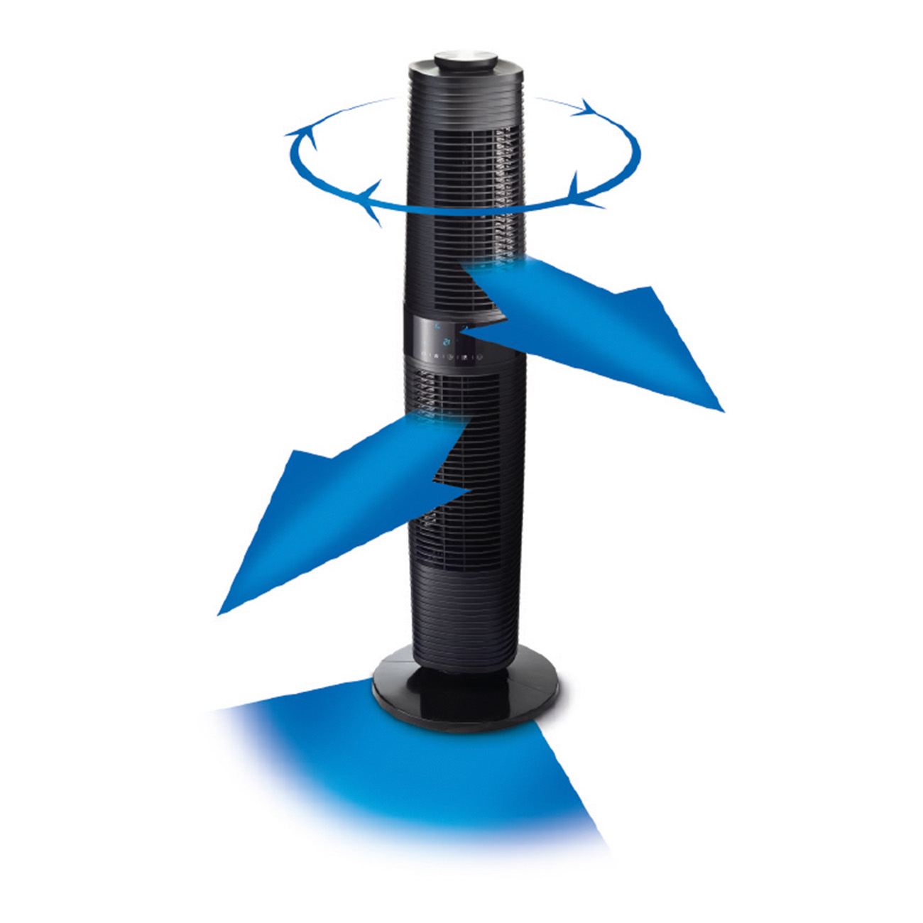 Ein hoher schwarzer Ventilator mit blauen Pfeilen, die Luftstrom und Rotation anzeigen, auf weißem Hintergrund.