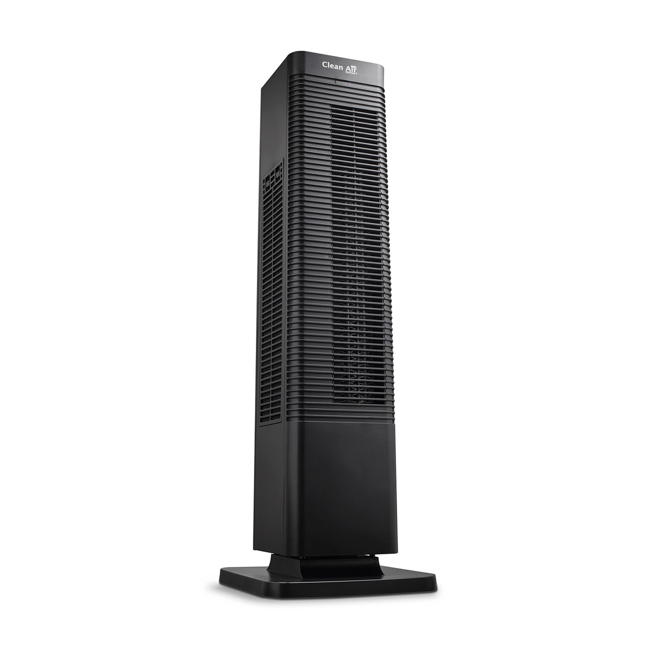 Purificateur d'air en tour noir. Design haut, rectangulaire. Base noire. Fond blanc.
