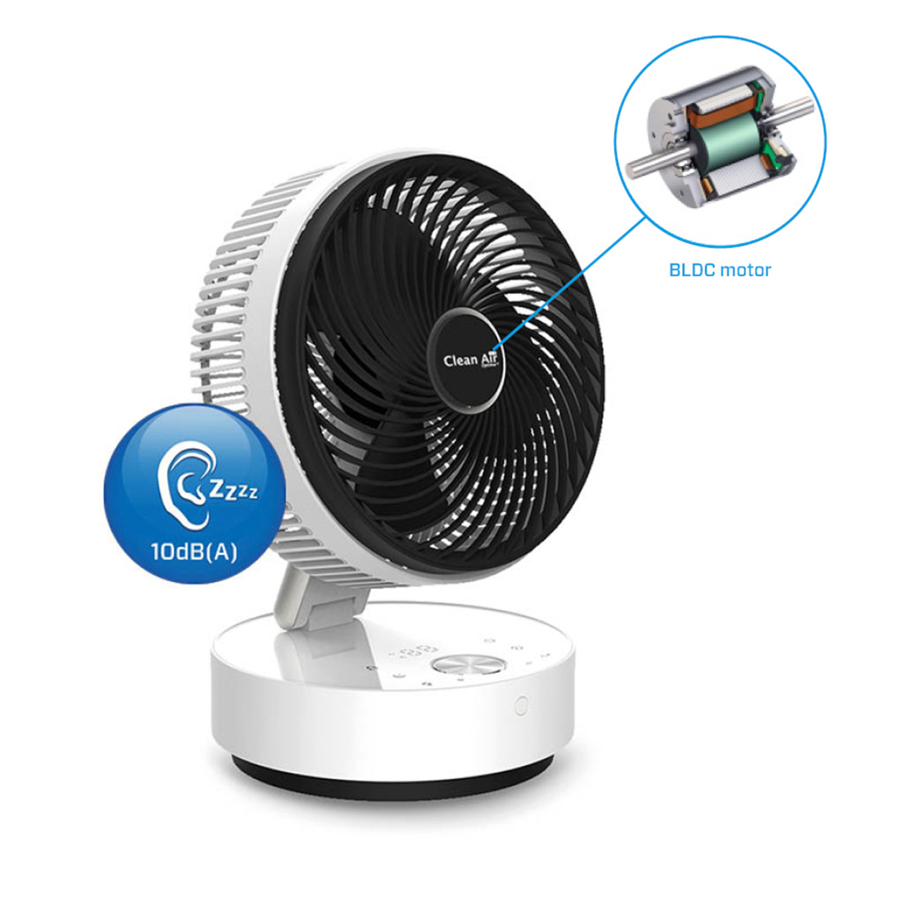 Un ventilateur blanc avec des pales noires. Un petit diagramme du moteur est inclus, ainsi qu'une icône de son.