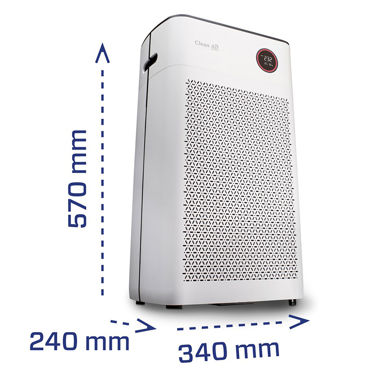 Purificatore d'aria bianco con dimensioni indicate. Ha un display digitale e un motivo triangolare.