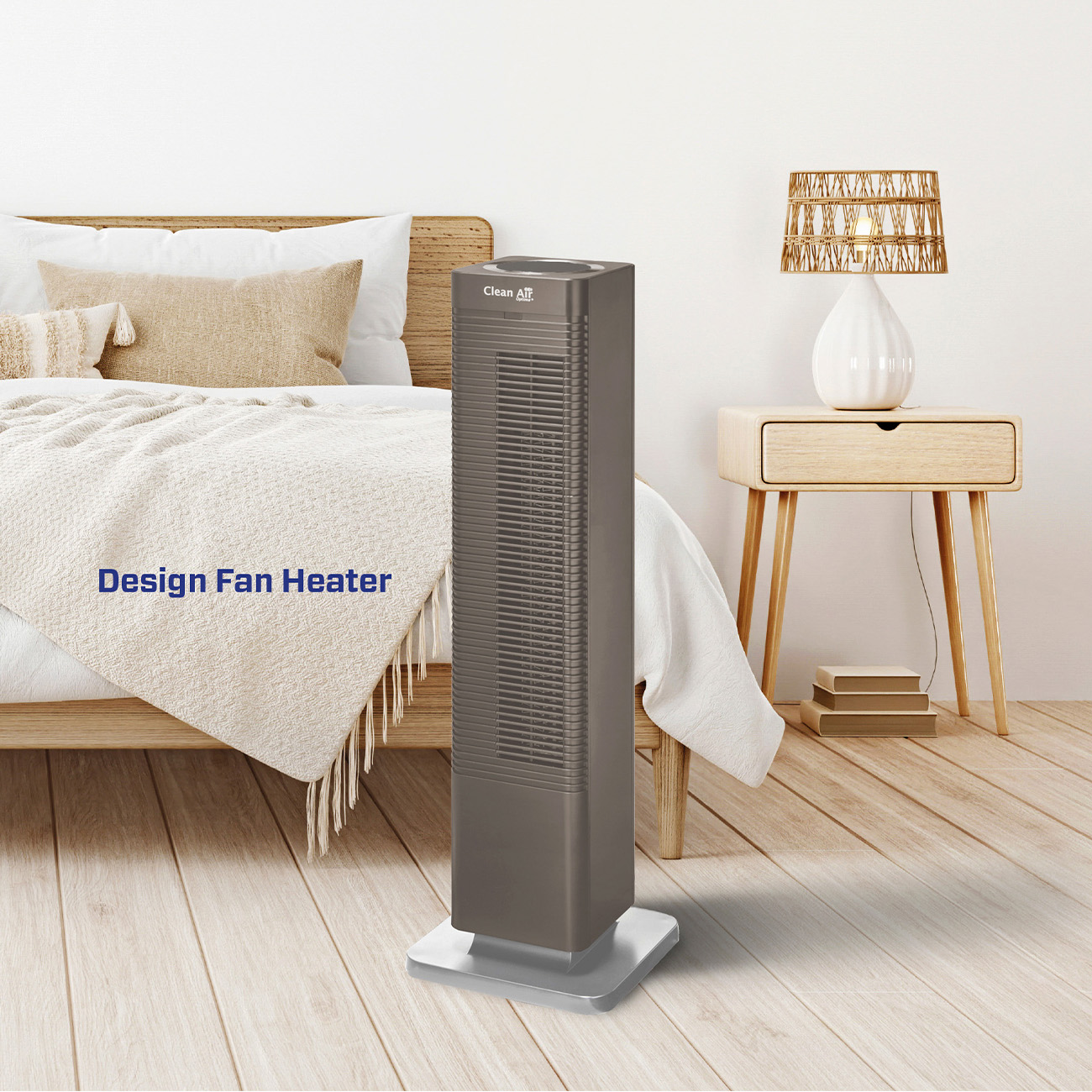 Un radiateur soufflant gris sur un support, dans une pièce avec lit et table.