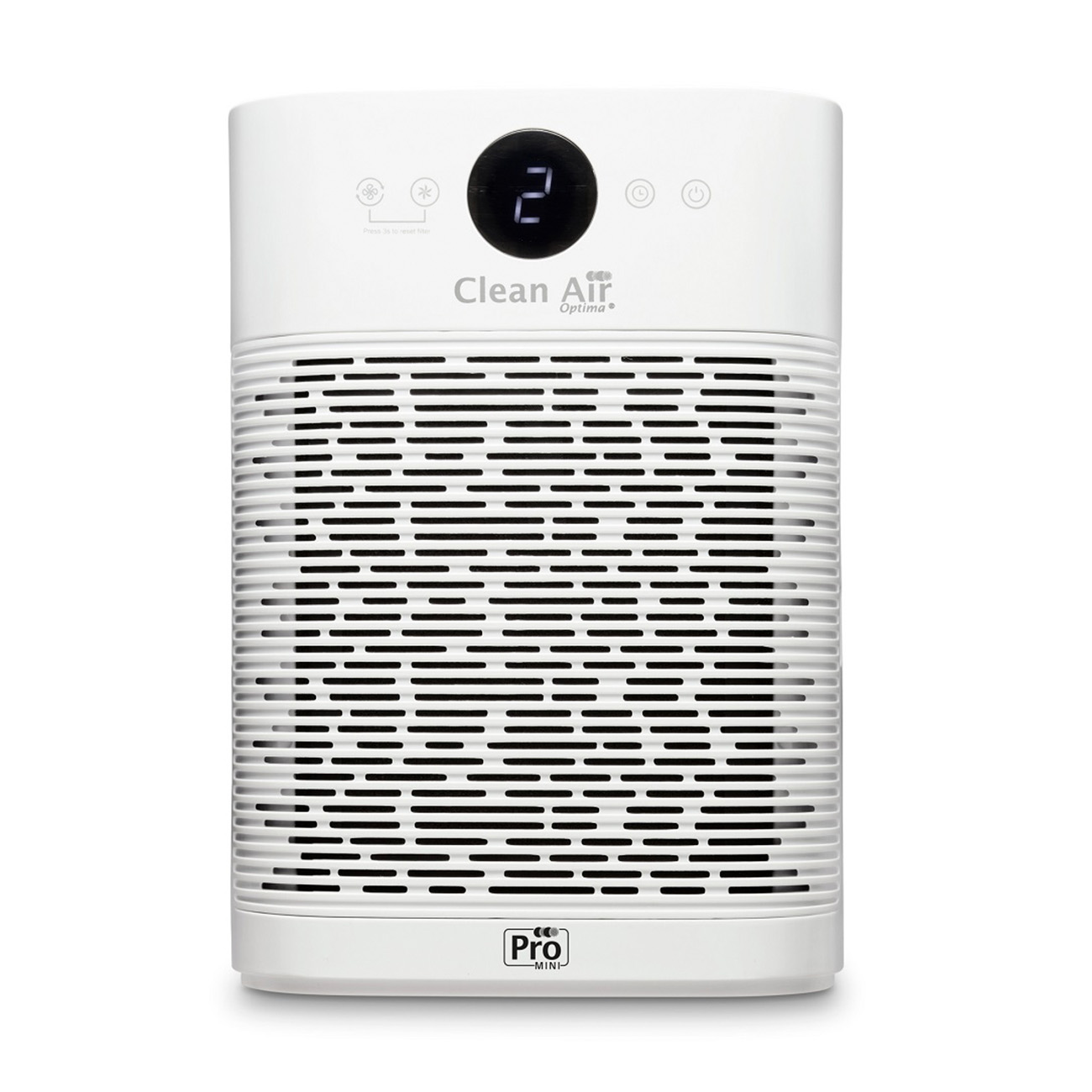 Purificatore d'aria bianco con griglia frontale e display digitale che mostra un '2'.