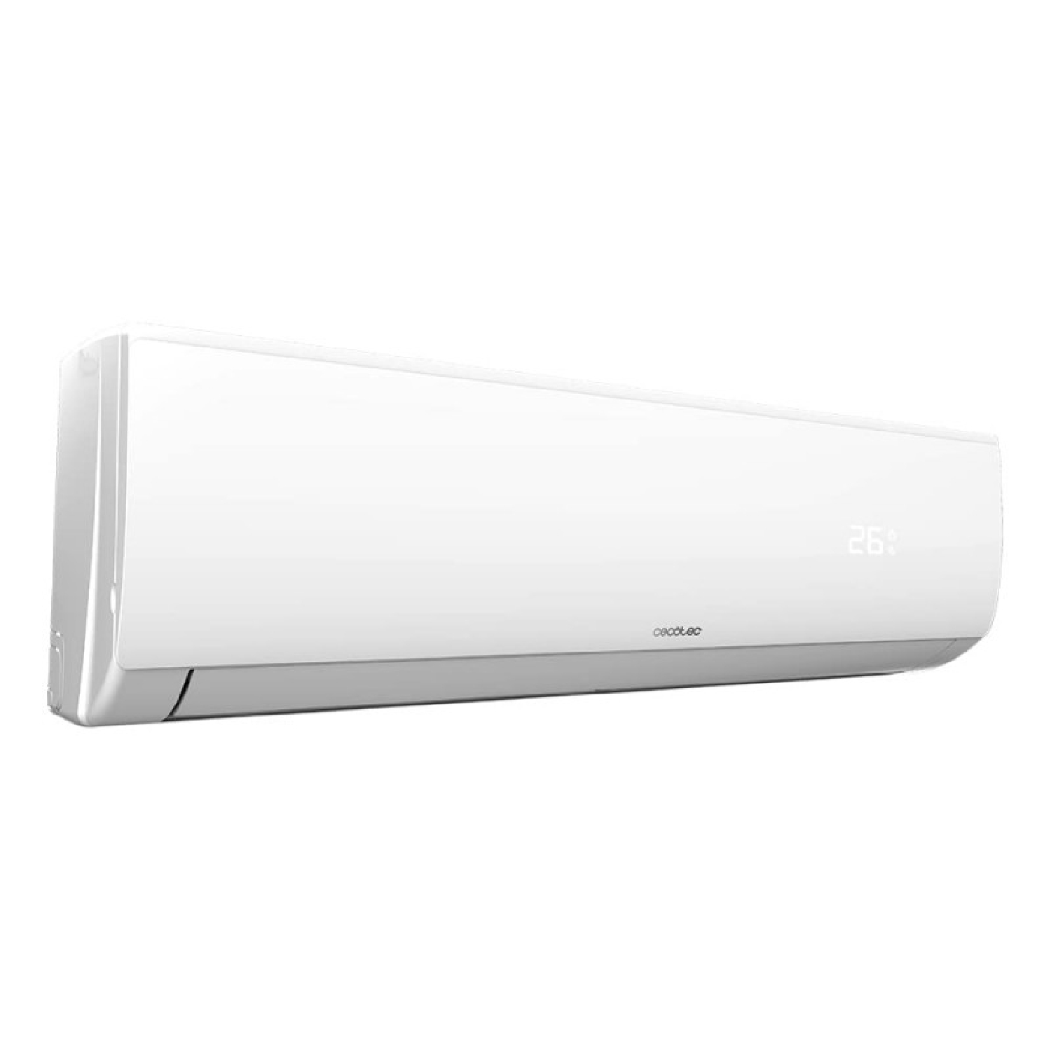 Aire acondicionado blanco en una pared blanca. La pantalla muestra el número 26.