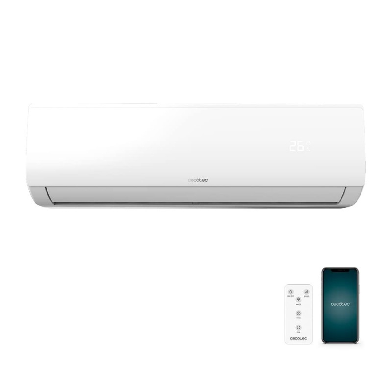 A white Cecotec air conditioner with a remote control and a smartphone on a white background.