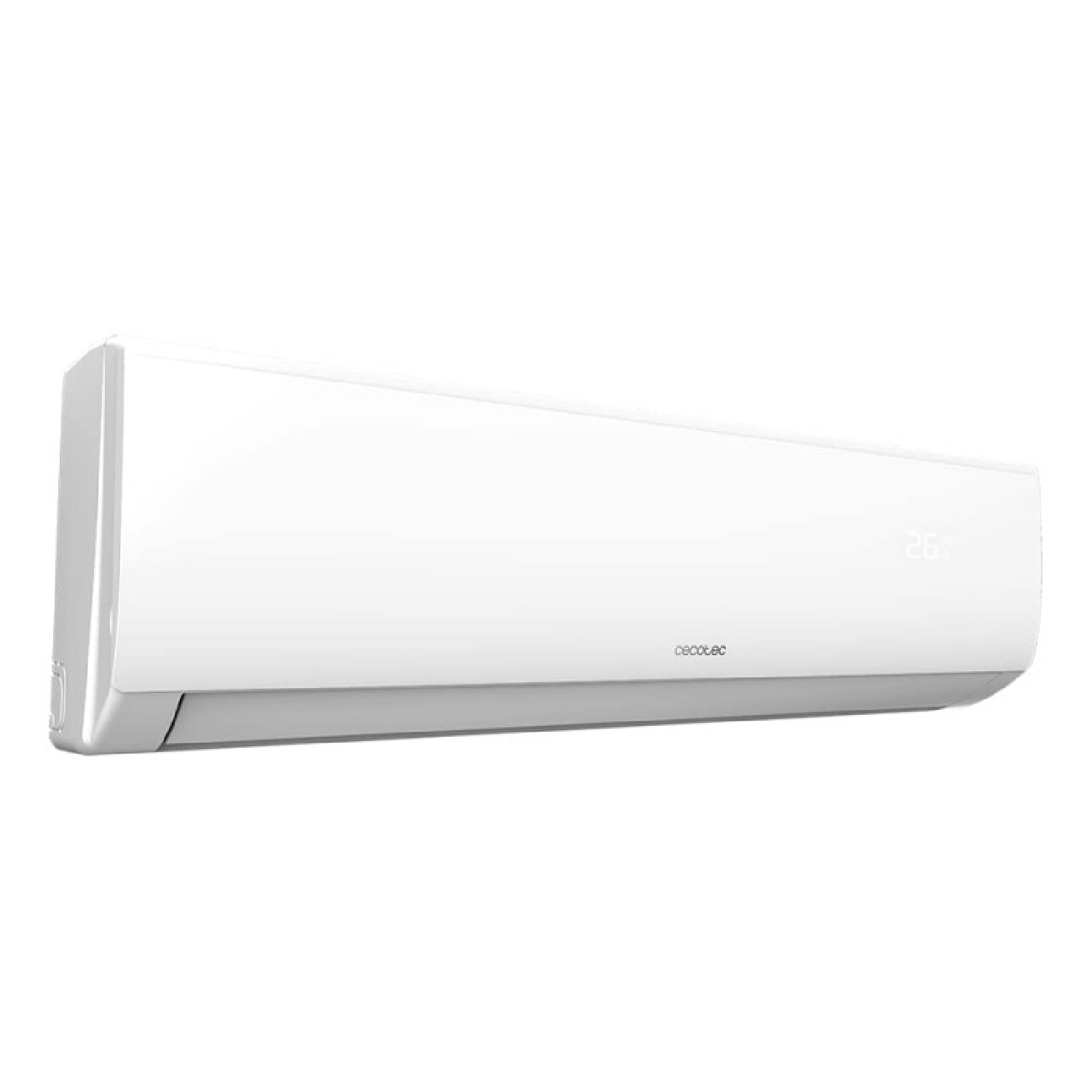Un acondicionador de aire blanco montado en una pared, con una pantalla que muestra 26.