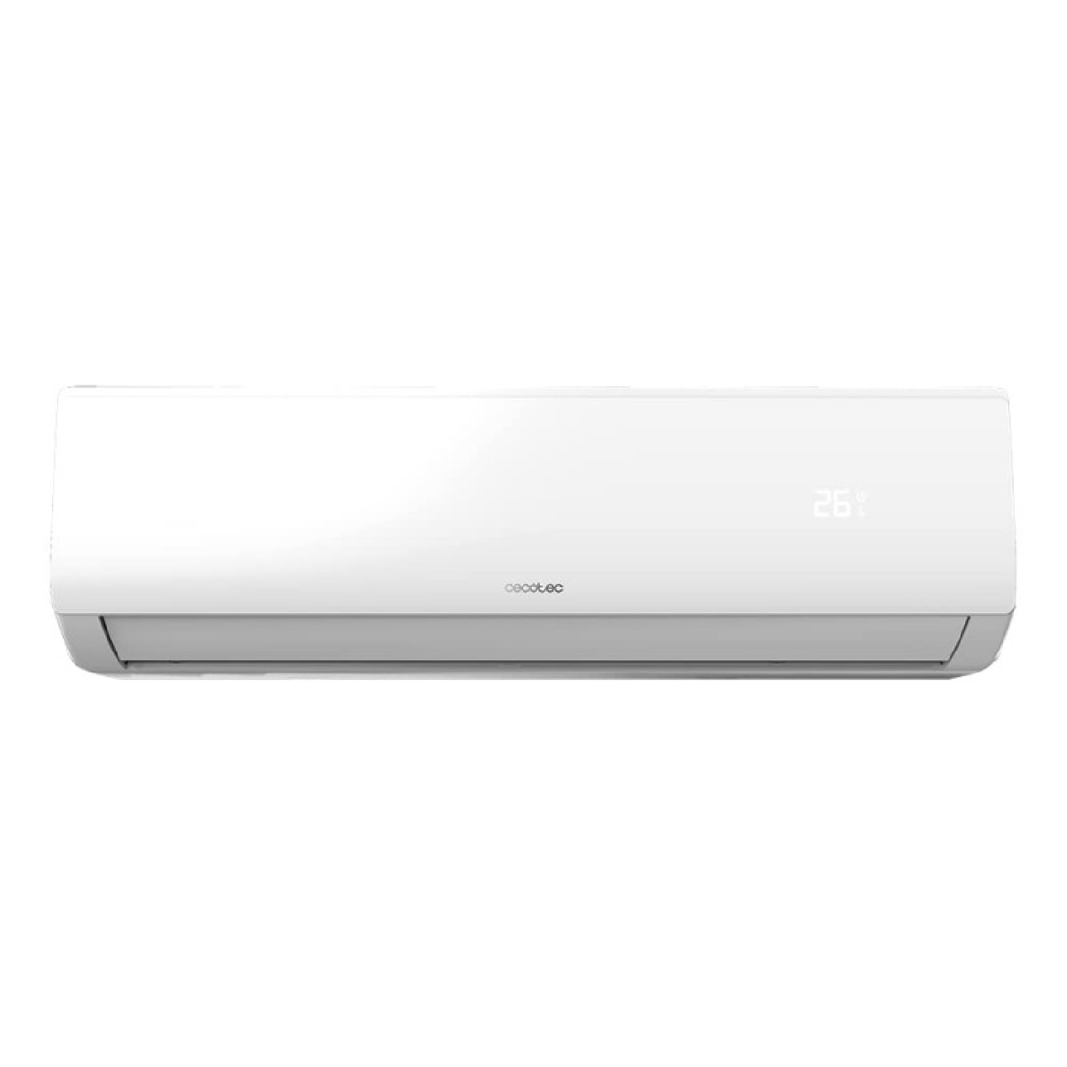 Aire acondicionado blanco con pantalla que muestra 26. La unidad tiene el logo 'cecotec'.