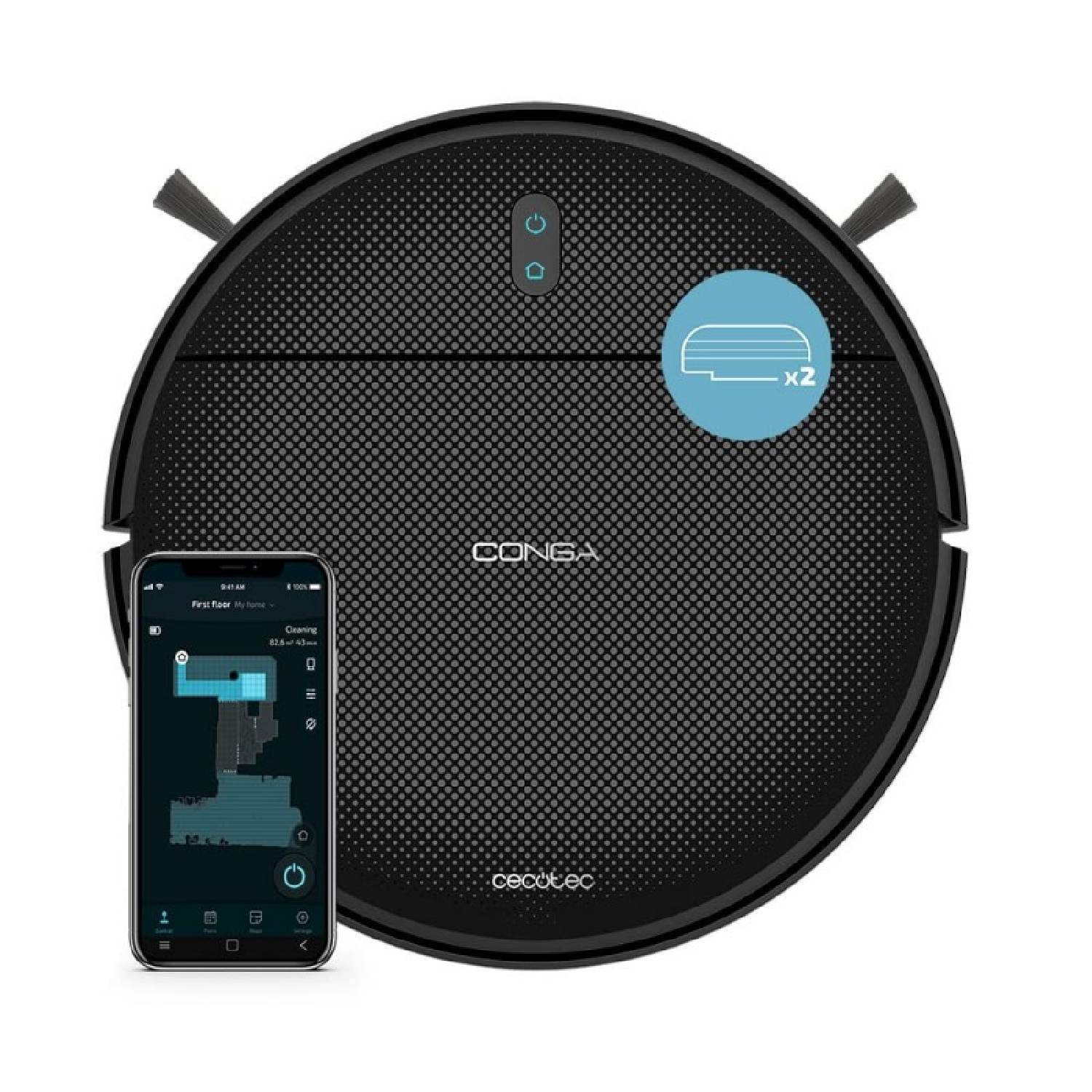 Robot aspiradora junto a un smartphone con interfaz de mapa.