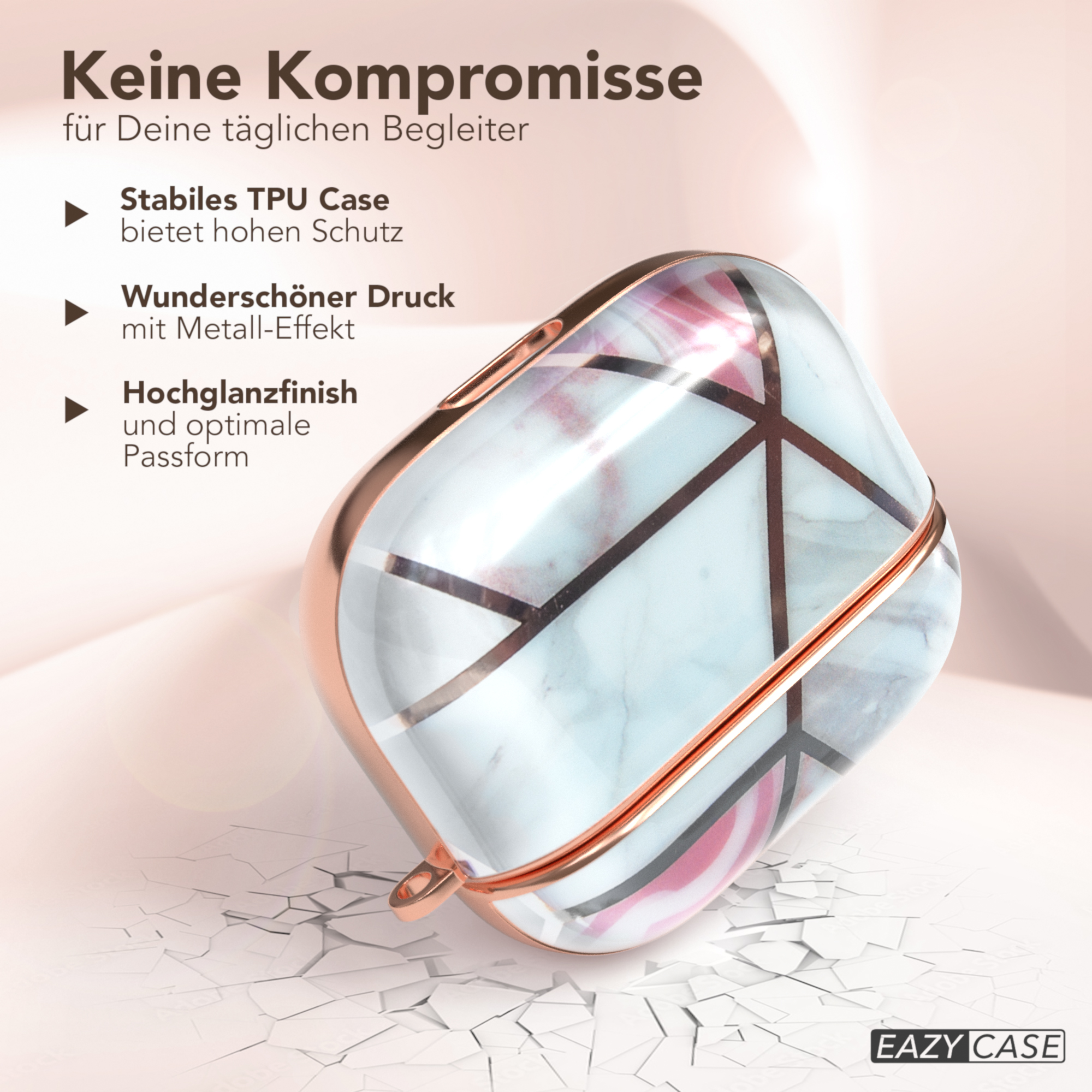 Ein marmoriertes AirPods-Case mit roségoldfarbenem Rand, vor einer zerbrochenen Oberfläche, mit Text.
