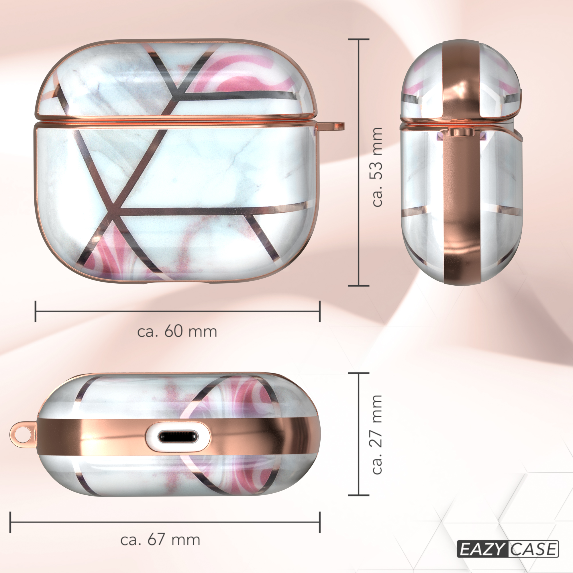 Airpod-Hülle mit Abmessungen, in drei Ansichten, Marmor- und Roségold-Akzente.