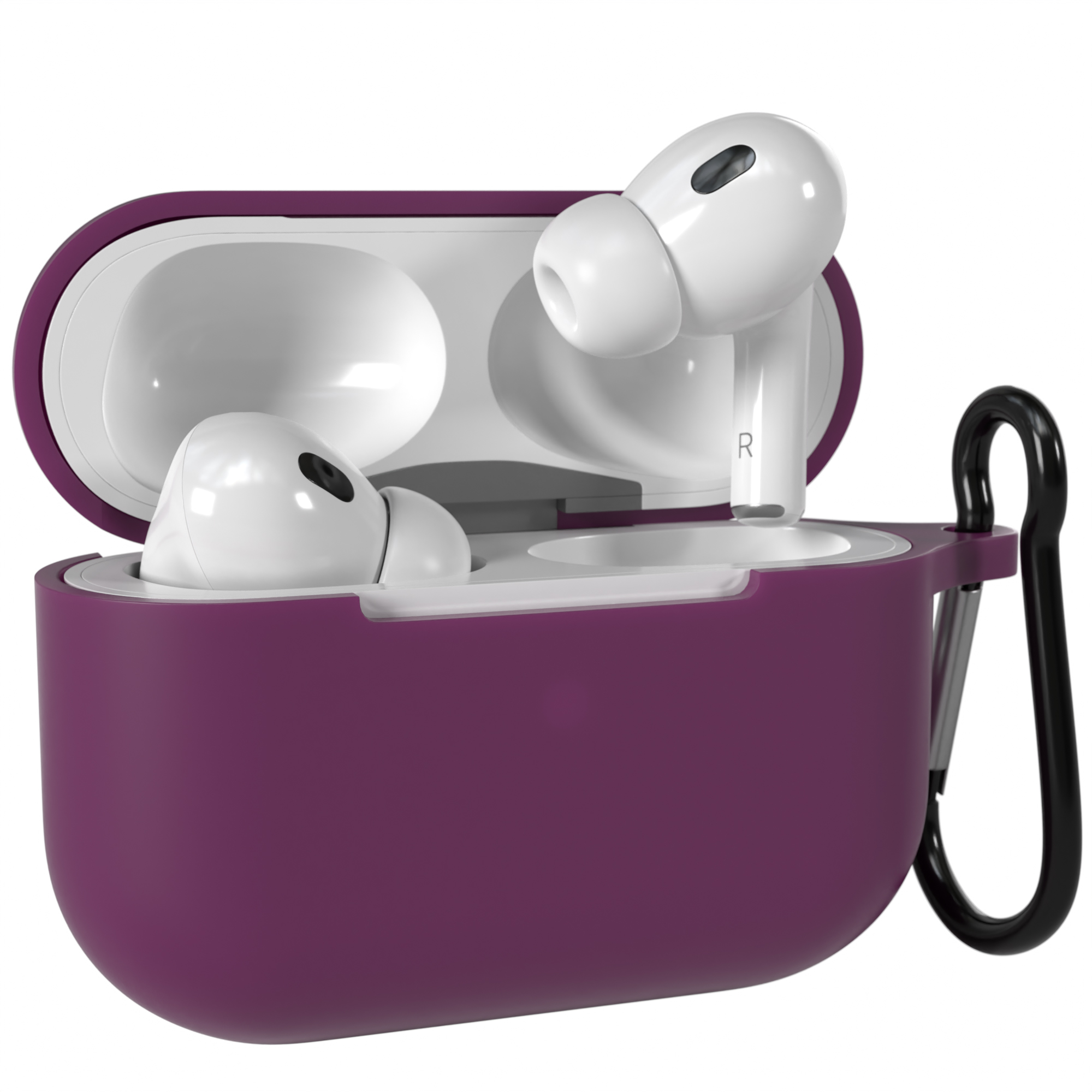 Lila AirPods-Hülle mit weißen AirPods. Schwarzer Karabiner.