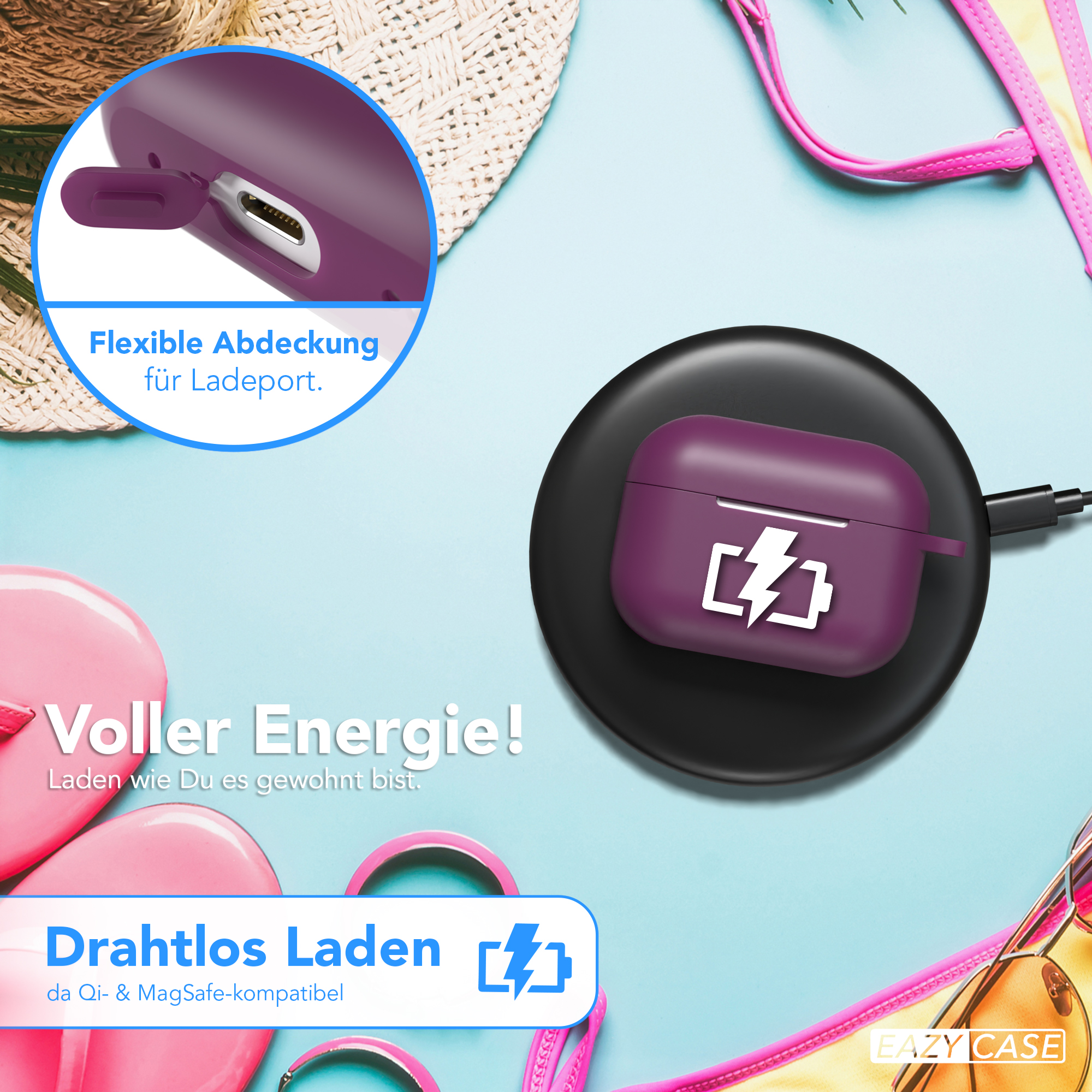 Lila Kopfhörer-Etui wird kabellos geladen. Pinker Bikini, blauer Hintergrund, Text.