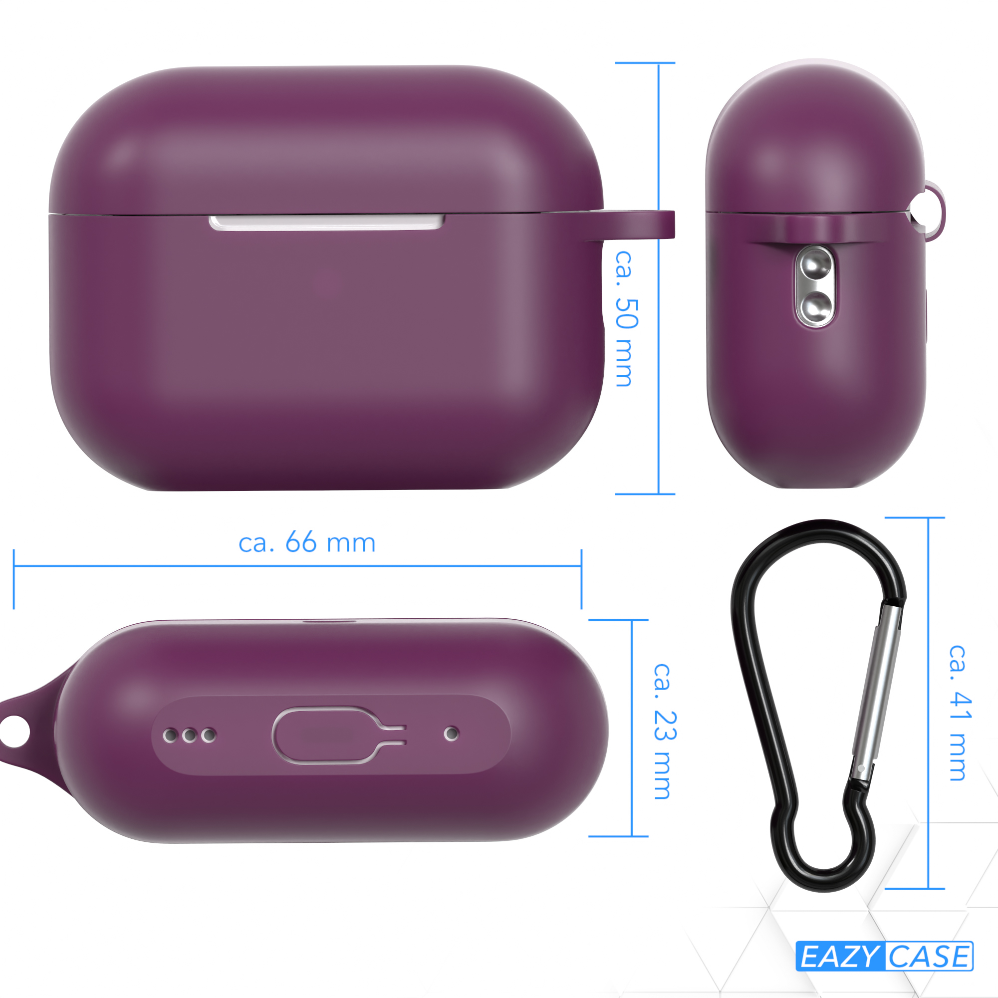 Lila Ohrhörer-Etui mit Maßen und einem schwarzen Karabiner.