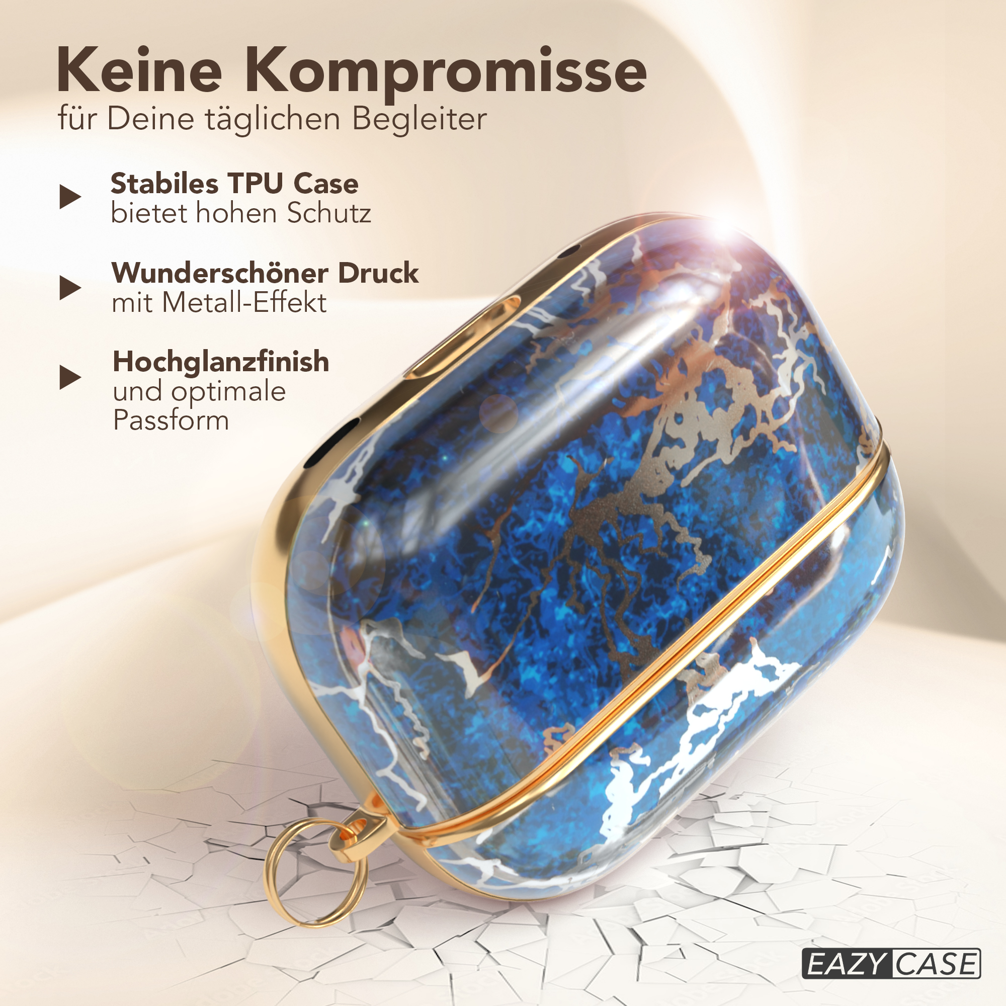 Eine blaue Marmor-Effekt-Hülle mit goldenen Akzenten liegt auf einer rissigen Oberfläche. Text beschreibt die Eigenschaften.