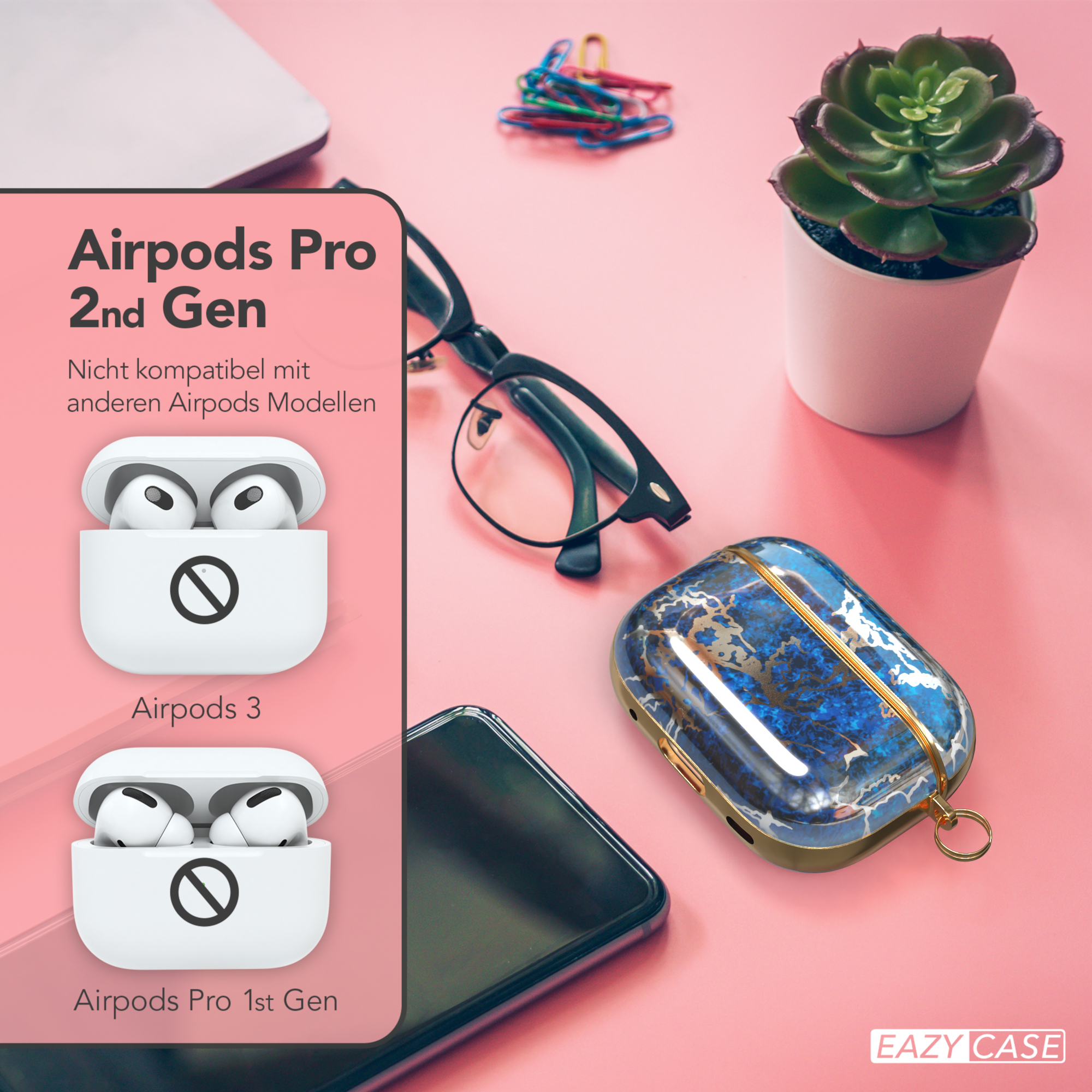 Airpods und eine Hülle. Text zeigt Airpods Pro, Airpods 3 und Airpods Pro 1. Gen.