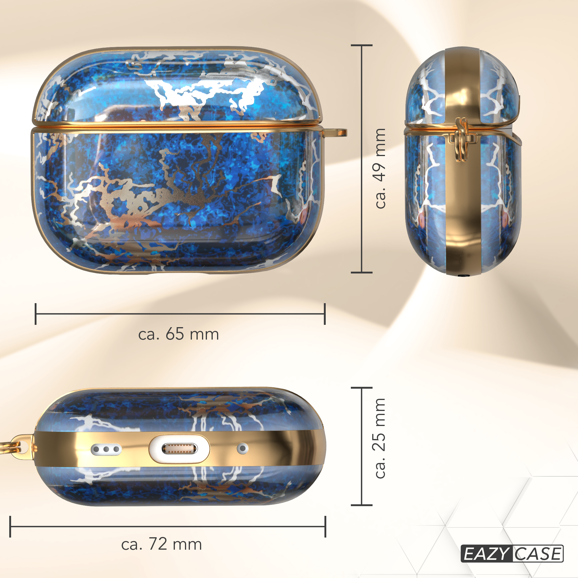 AirPods-Hülle mit blauem Marmor-Design und goldenen Akzenten.