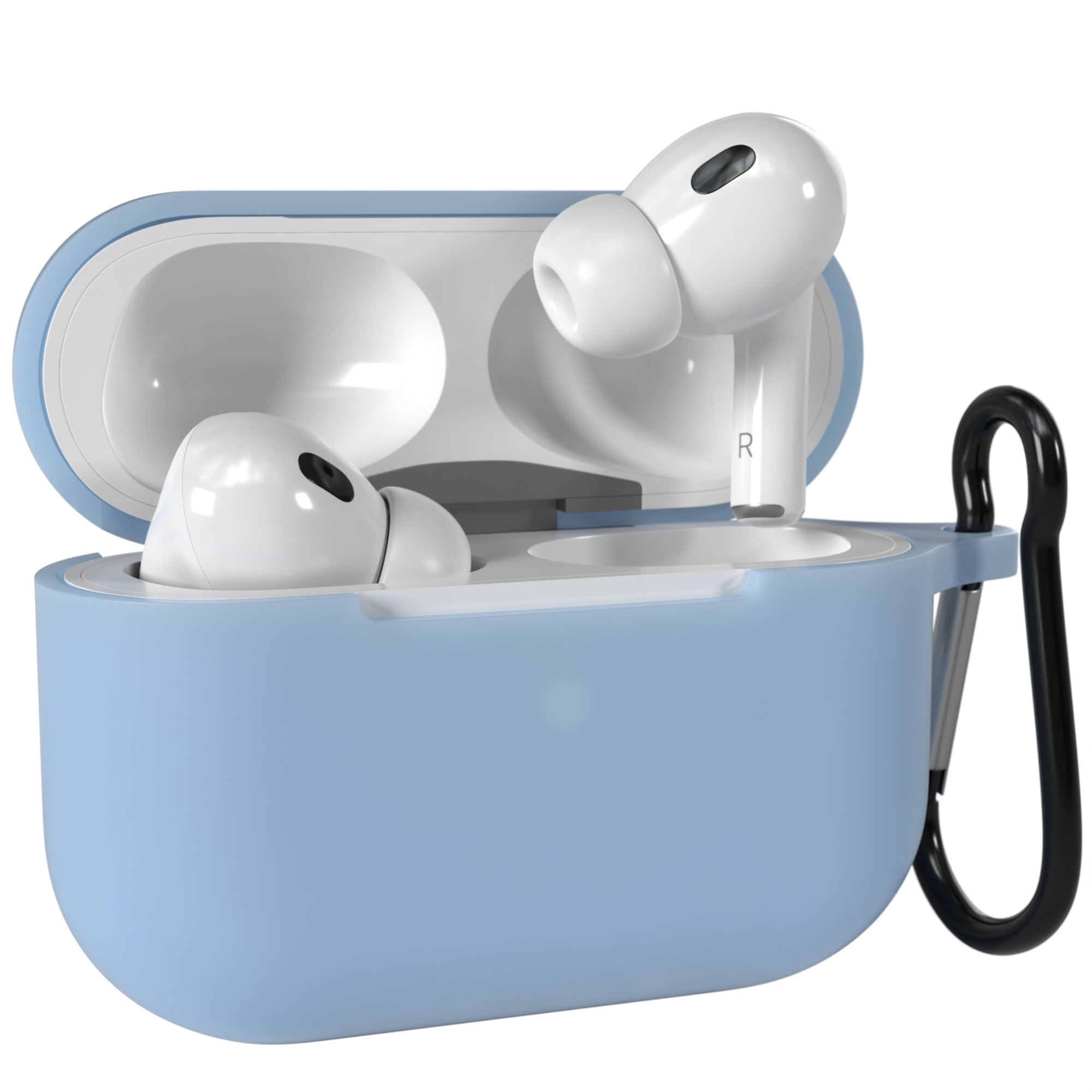 Hellblaue AirPods Pro Hülle mit AirPods; weiße Ohrhörer, schwarzer Karabiner, auf Weiß.