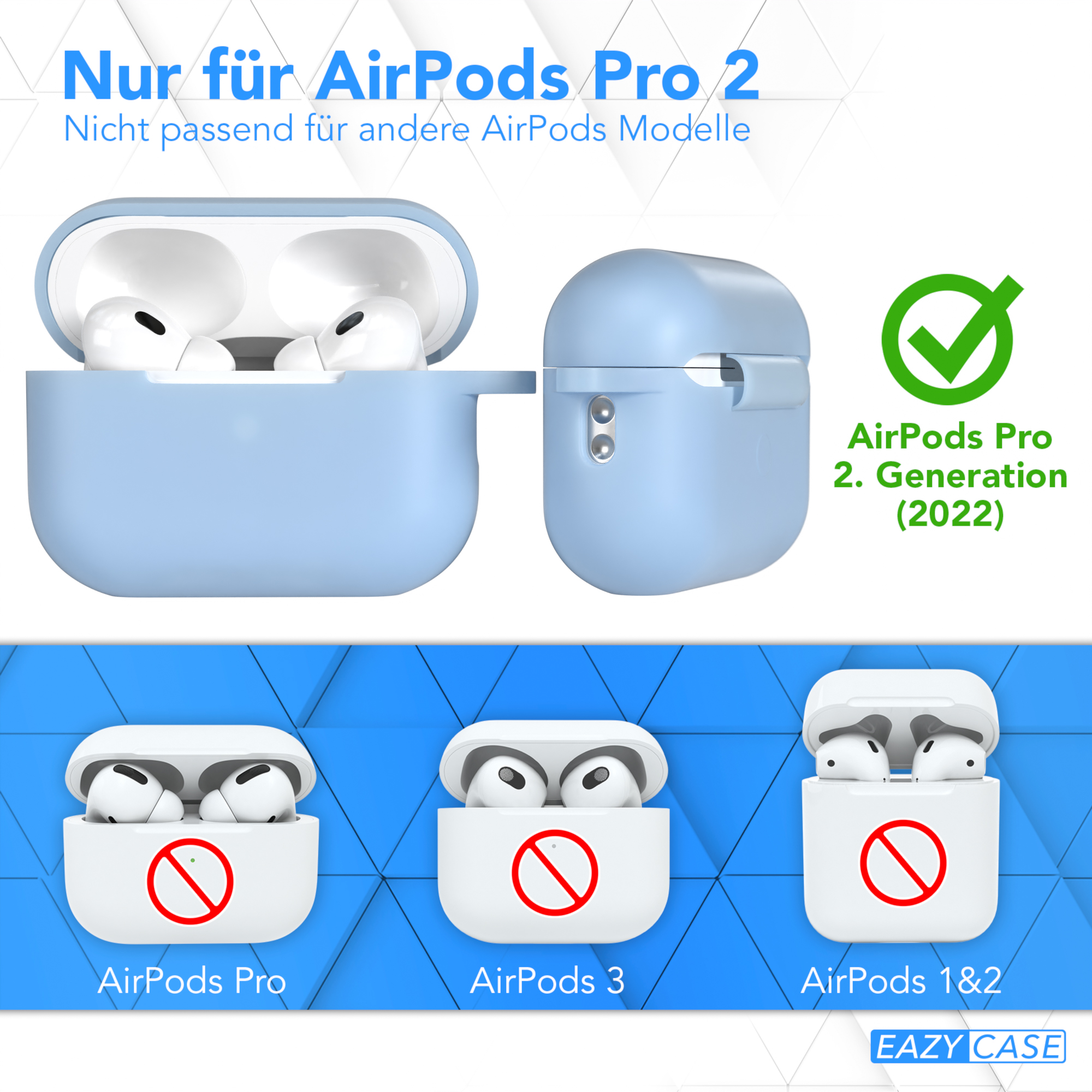 Blaue AirPods Pro 2 Hülle und Vergleich mit AirPods Pro, 3 und 1&2.