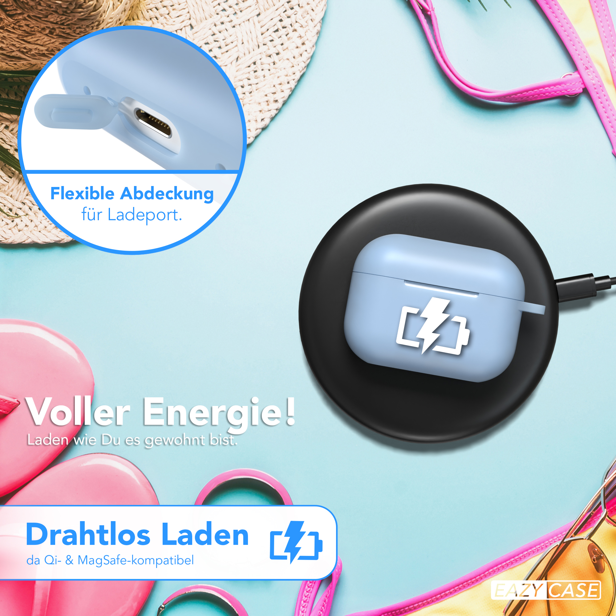 Nahaufnahme eines kabellosen Ladepads, einer Handyhülle und eines Bikinis. Text: 'Kabelloses Laden'.