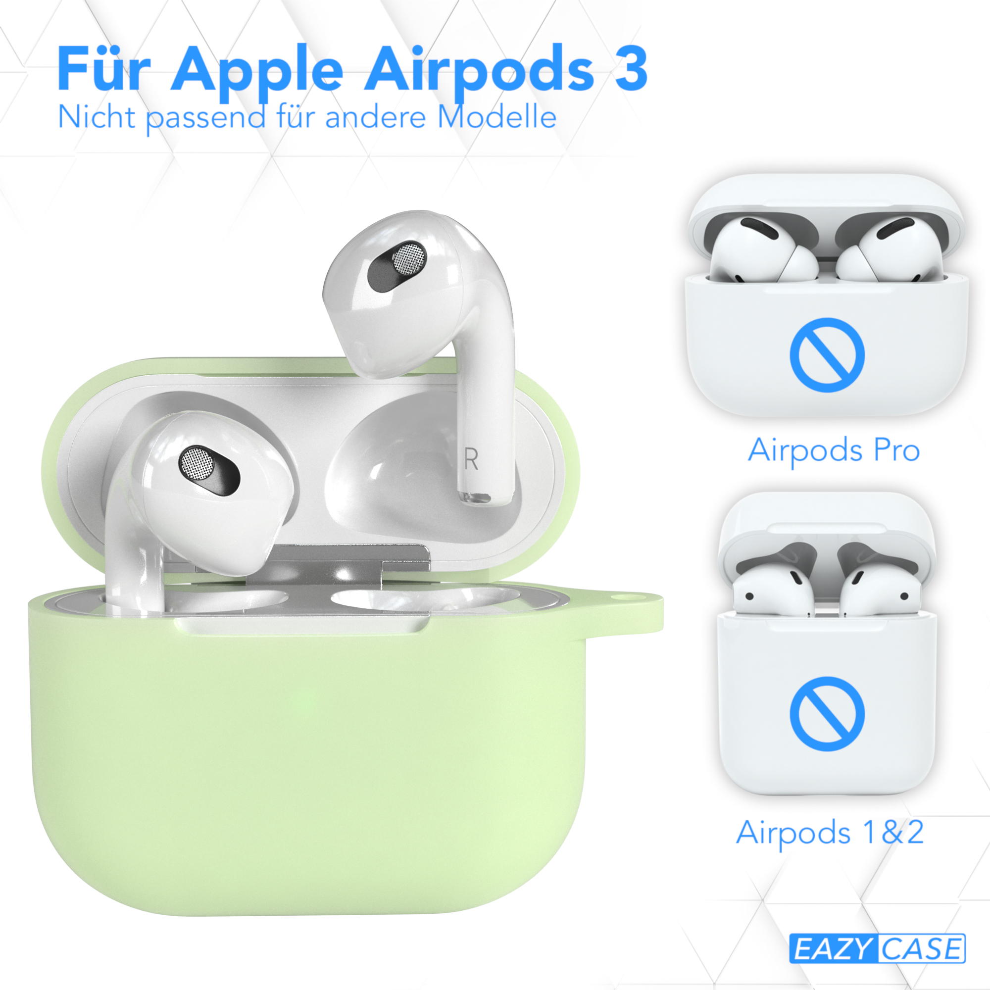 Ohrhörer in einem Case, mit anderen Cases. Text über AirPods 3.