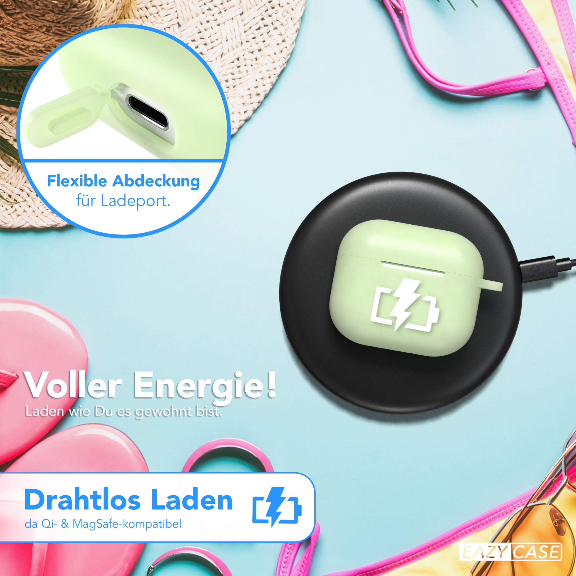 Grünes Gehäuse mit offenem Ladeanschluss, AirPod innen, auf kabellosem Ladegerät, Bikini und Hut.