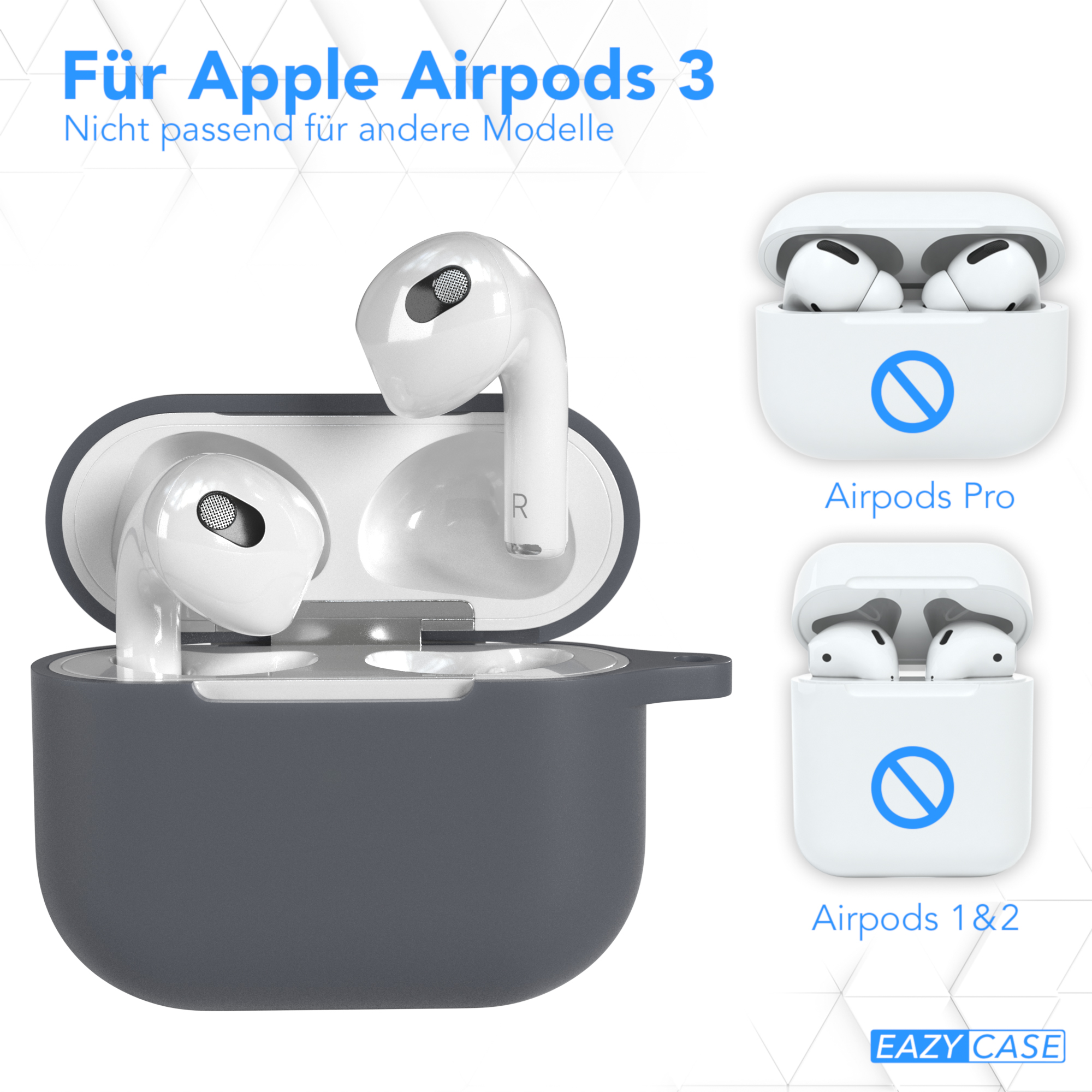 Graues Case für Apple AirPods 3 mit Vergleichsbildern von AirPods Pro und AirPods 1&2.
