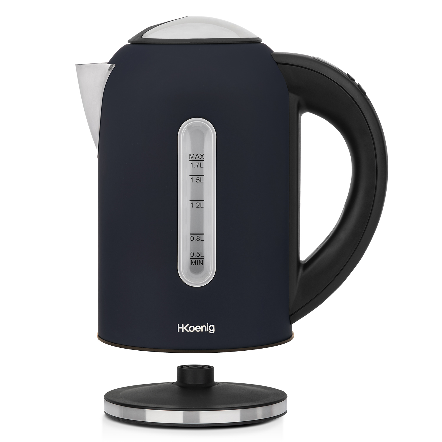 Ciemnoniebieski czajnik elektryczny na czarnej podstawie. Wskaźnik poziomu wody i czarny uchwyt.