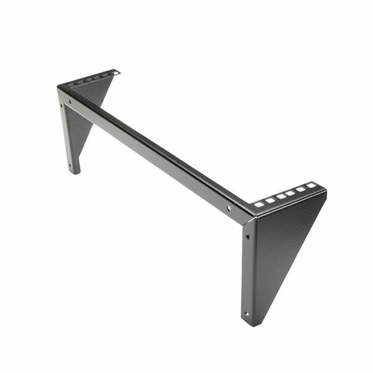 Un estante de rack de metal negro, diseñado para montaje en un rack de servidor.
