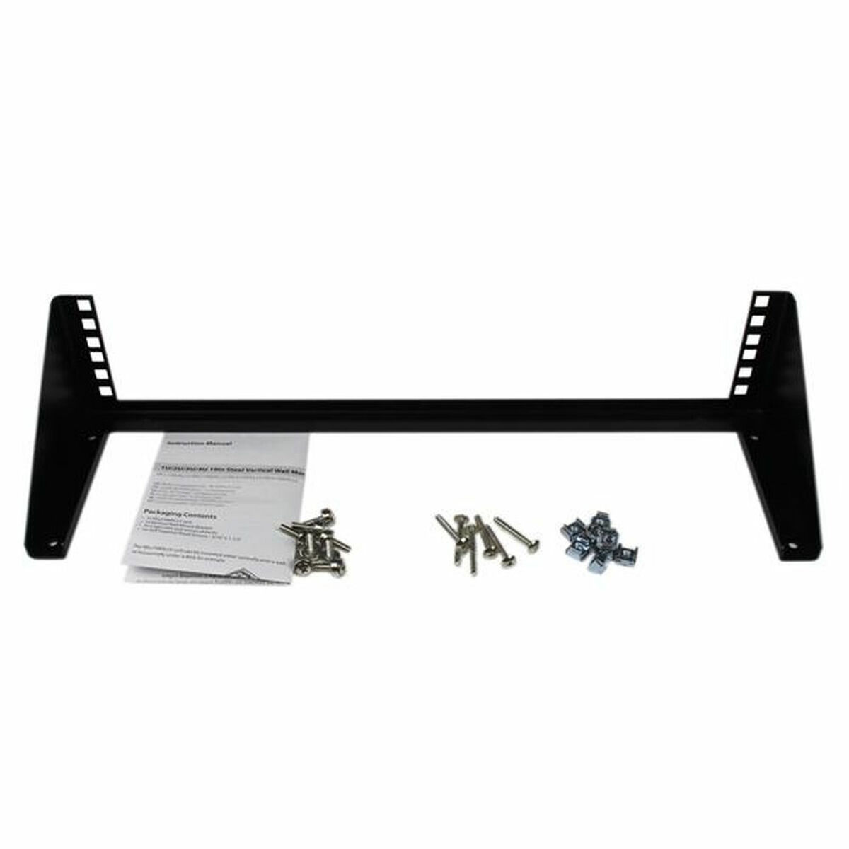 Conjunto de rack metálico negro con tornillos y pernos sobre una superficie blanca.