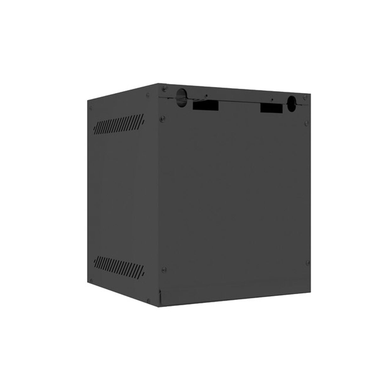 Caja de ordenador negra y cuadrada con ventilación. Vista en ángulo. Fondo blanco.