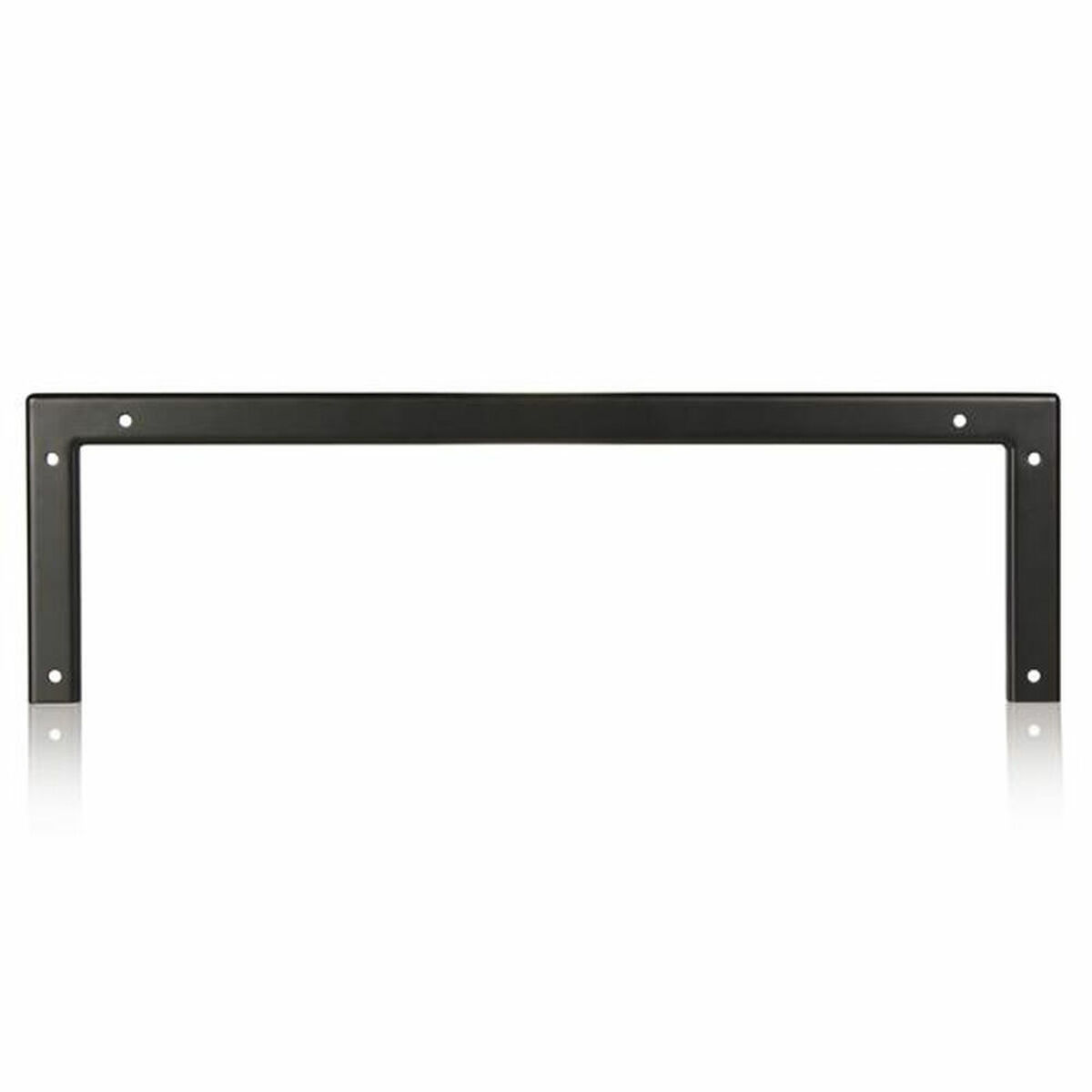 Soporte metálico negro, rectangular, con orificios de montaje, aislado sobre blanco.