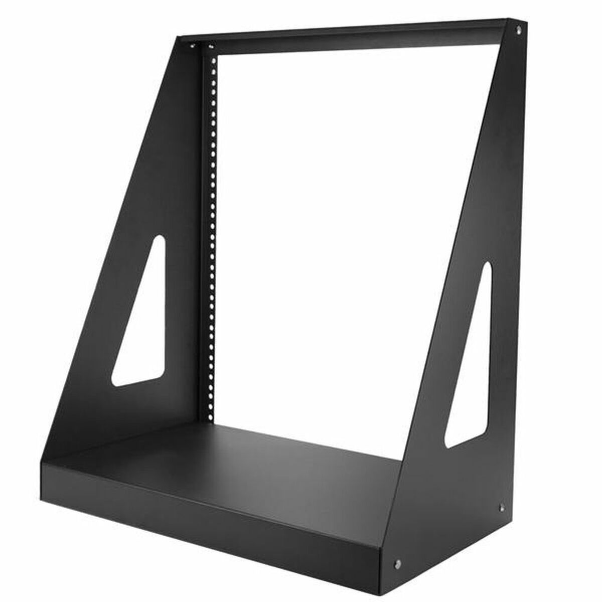 Estante de rack metálico negro. Tiene una base plana y dos lados angulados.