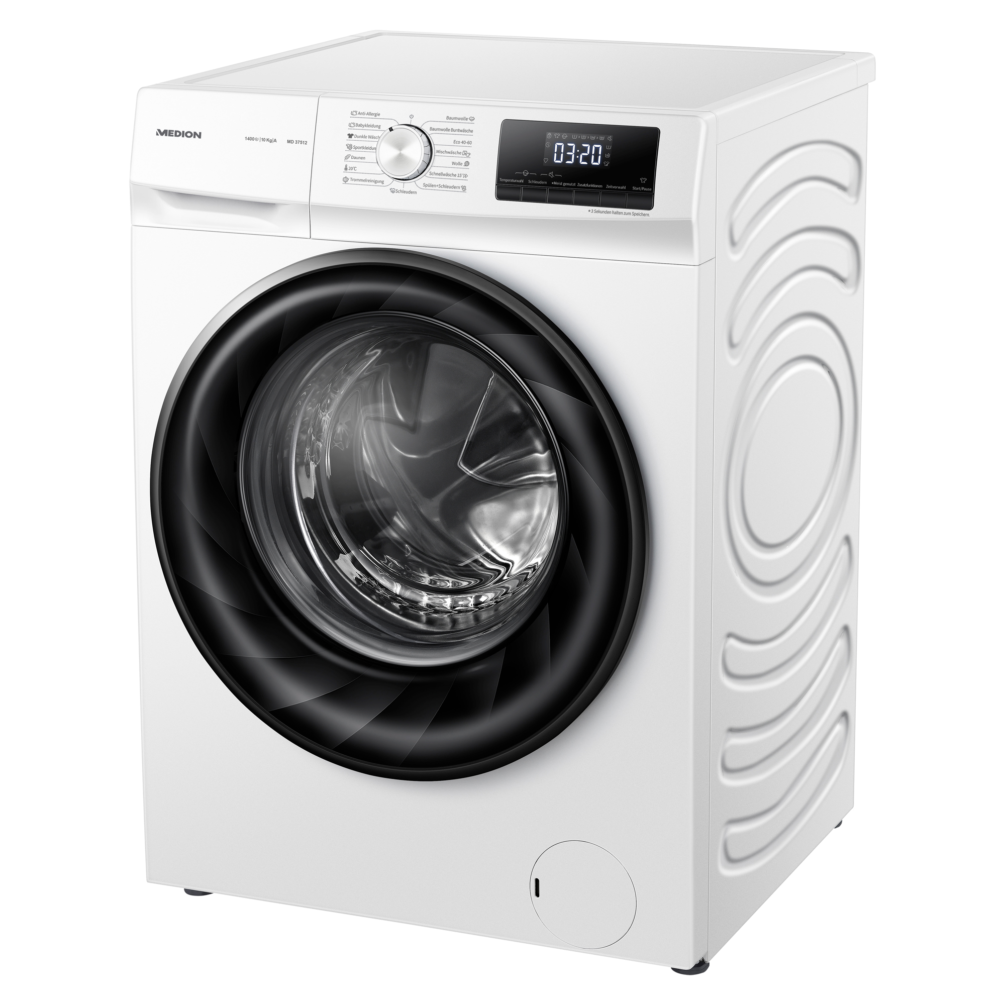 Weiße Waschmaschine. Die Tür ist schwarz. Die Maschine hat ein Bedienfeld und ein digitales Display. Sie steht auf weißem Boden.
