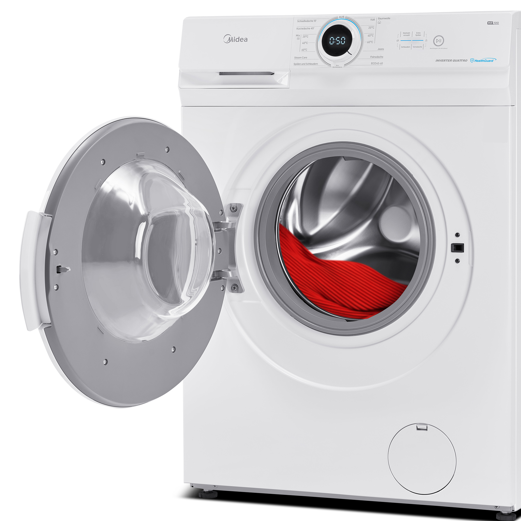 Weiße Waschmaschine mit geöffneter Tür und roter Wäsche.