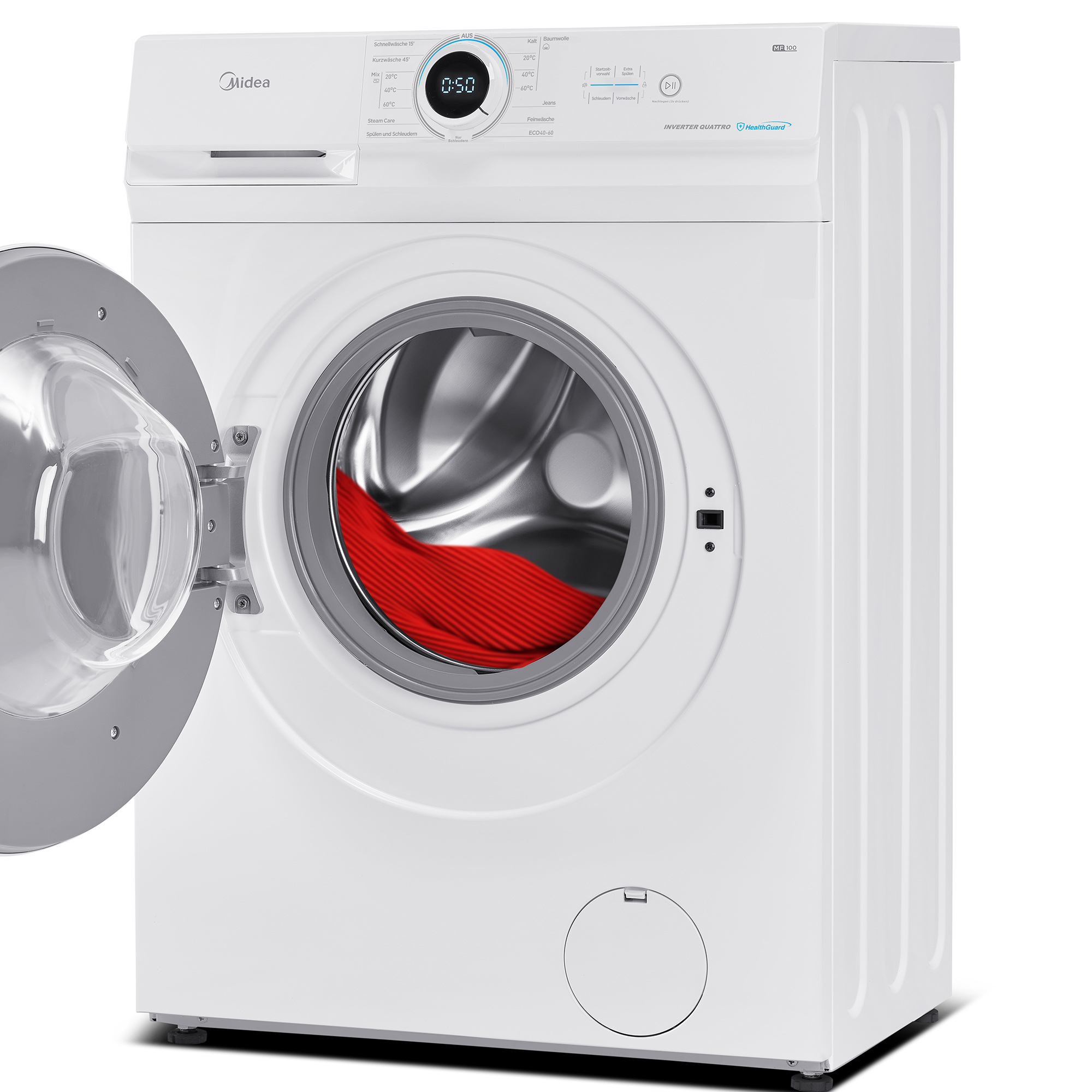 Eine weiße Waschmaschine mit offener Tür, die ein rotes Kleidungsstück im Inneren zeigt.