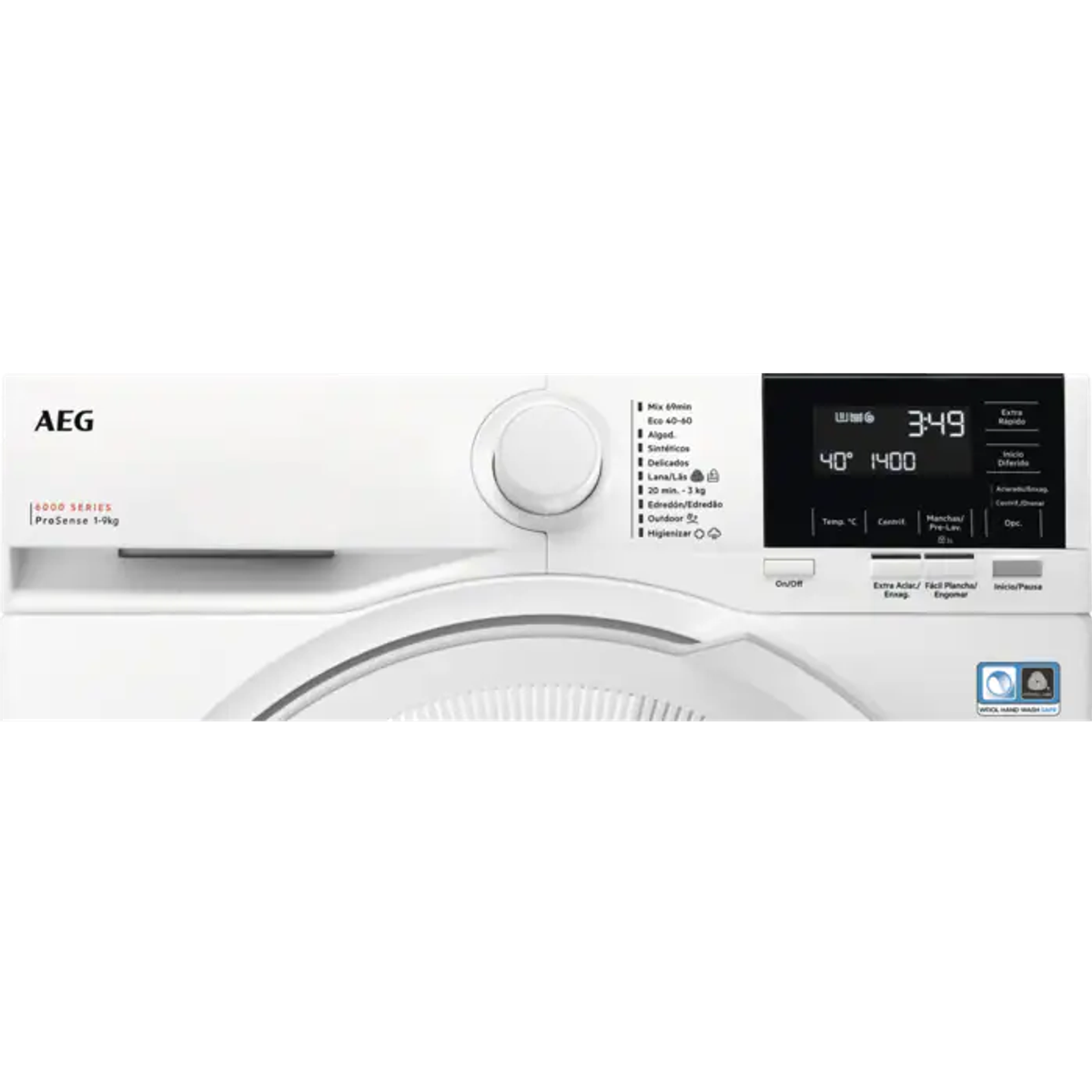 El panel de control de una lavadora blanca. Tiene una pantalla y botones.