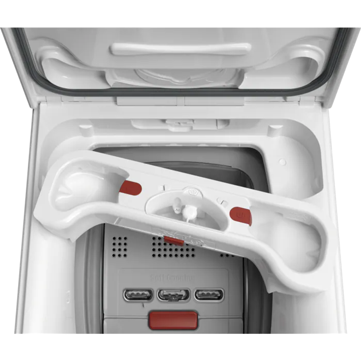 L'interno aperto del dispenser del detersivo di una lavatrice, con un cassetto bianco.