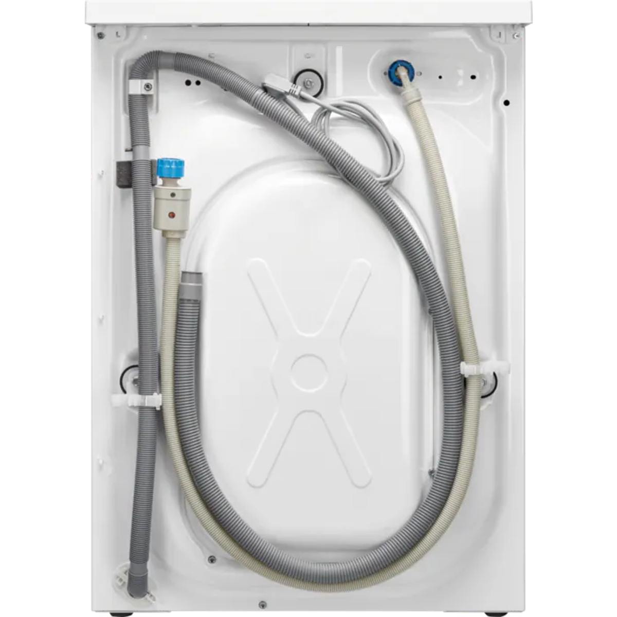 Tył białej pralki z wężami i rurami.