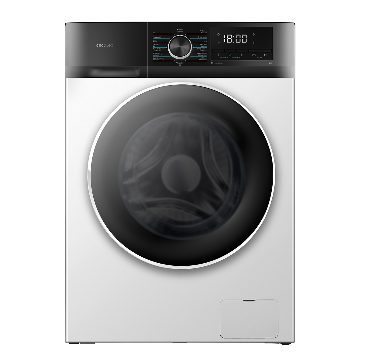 Una lavadora blanca con un panel superior negro y plateado. La puerta es redonda y tiene un borde negro.