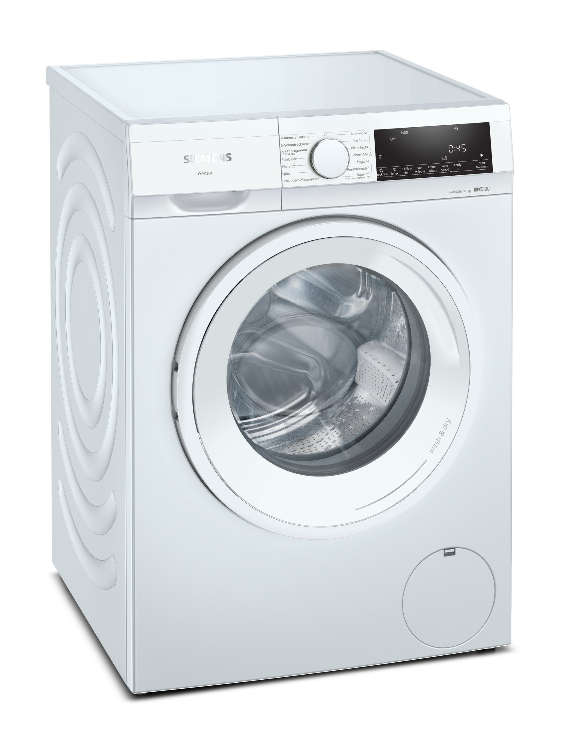 Biała pralka Siemens z drzwiami ładowanymi od przodu i panelem sterowania.