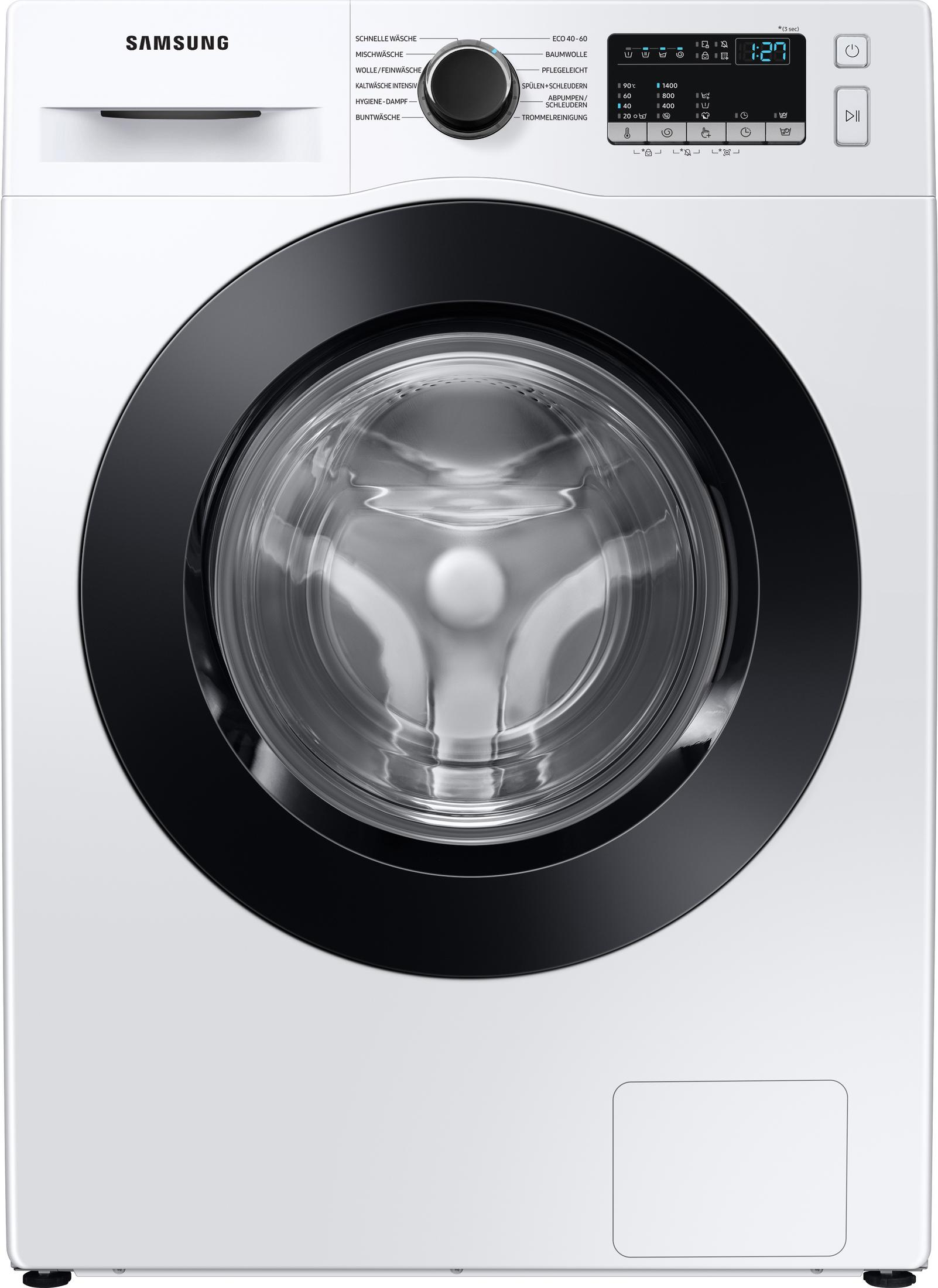 Eine weiße Samsung Waschmaschine mit schwarzer Tür und Bedienfeld.