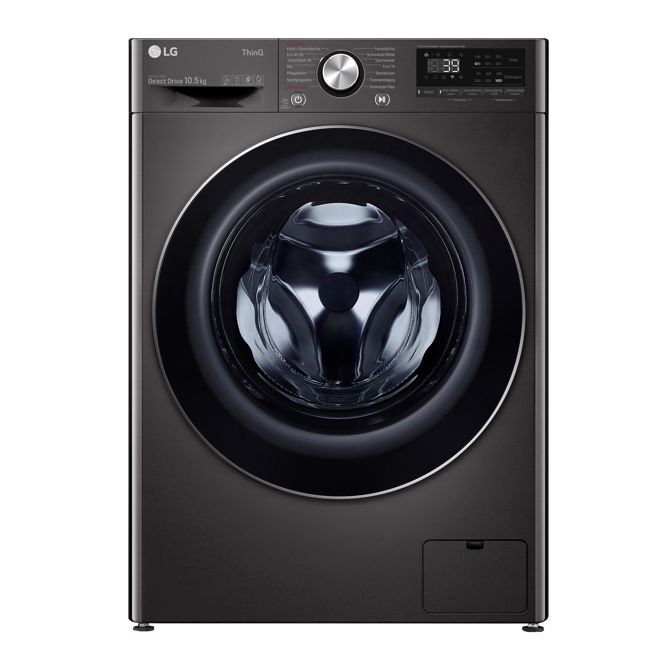 Eine schwarze LG Waschmaschine. Runde schwarze Tür, Bedienfeld oben.