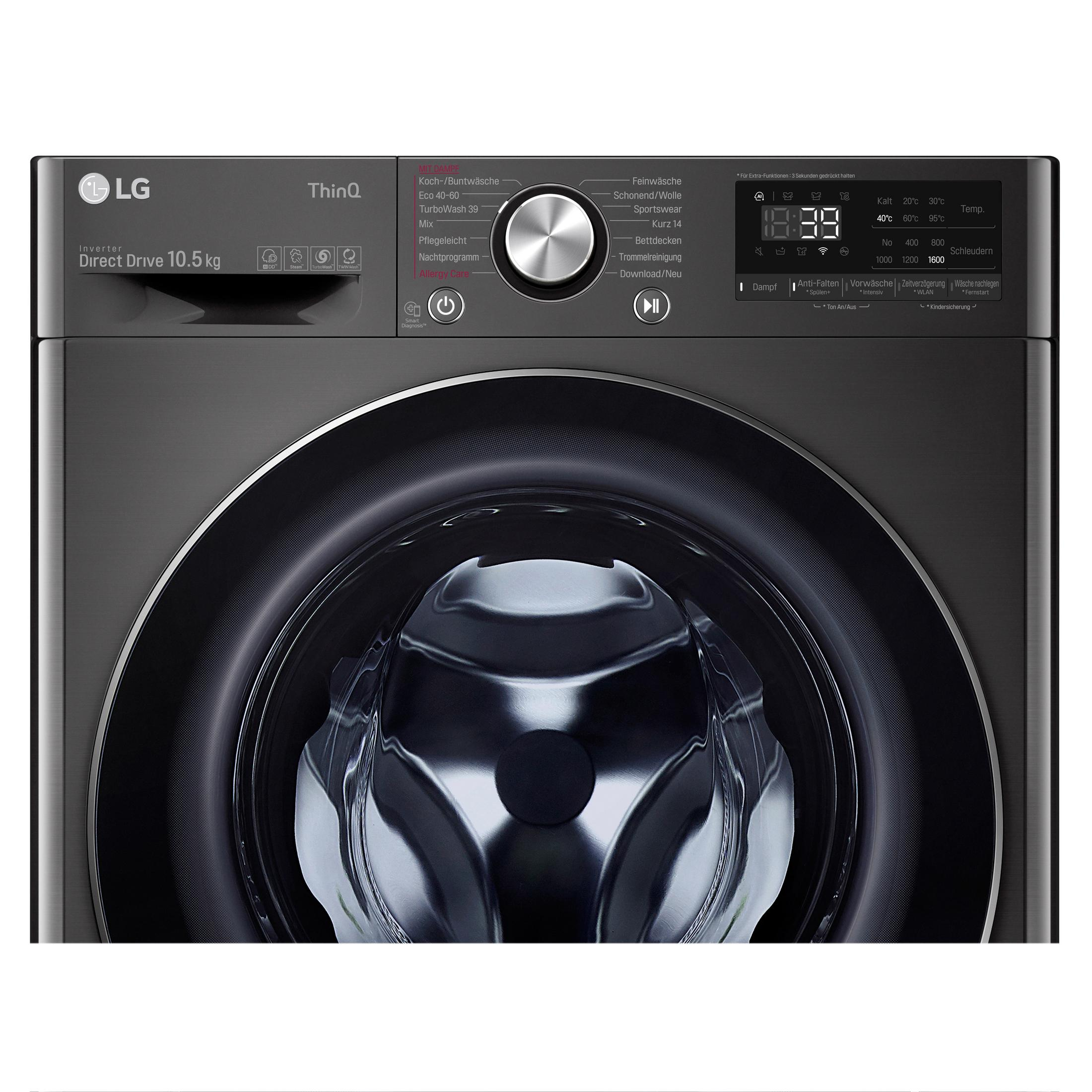 Eine dunkelgraue LG Waschmaschine mit Display, das Einstellungen anzeigt, und geschlossener Tür.