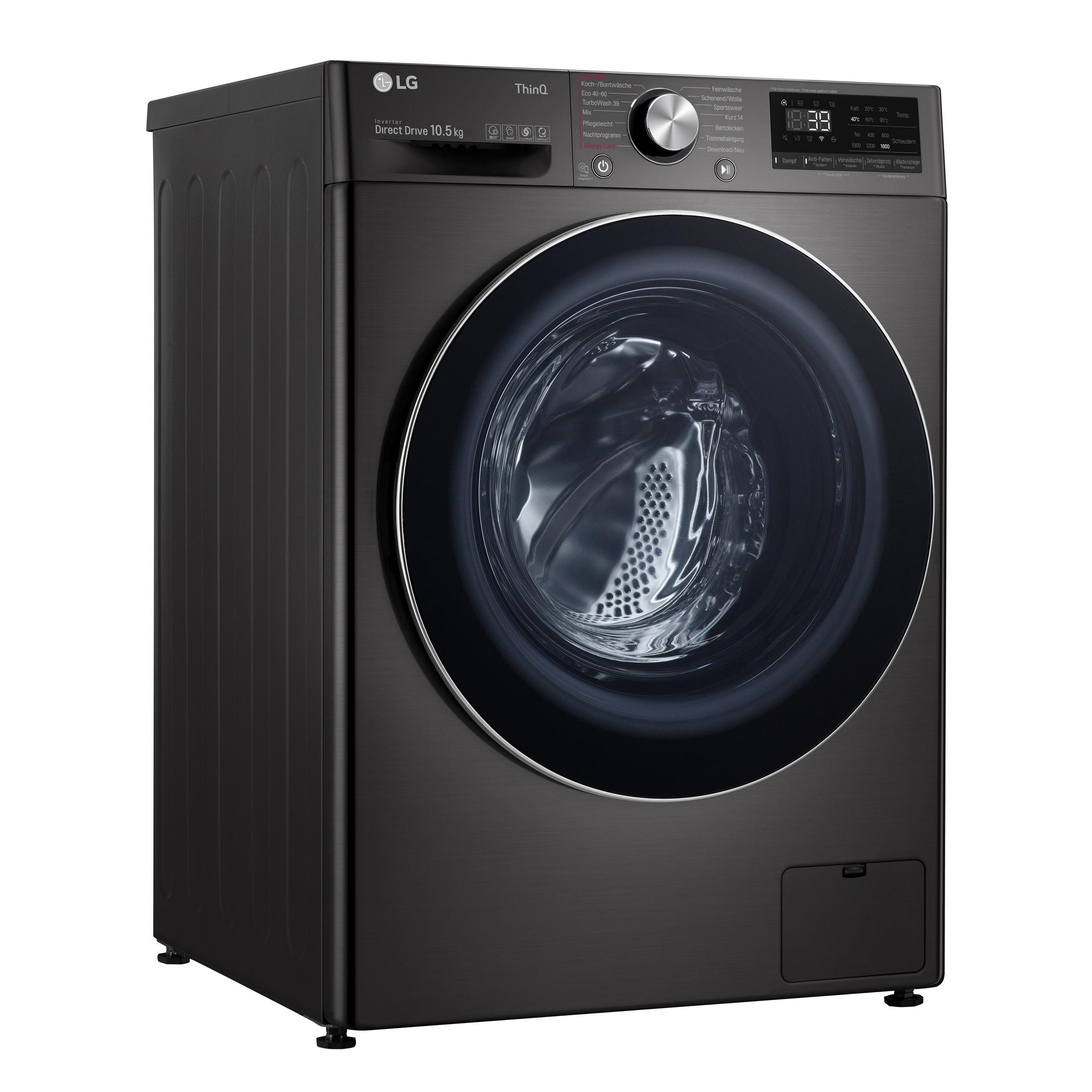 Schwarze LG Waschmaschine auf weißem Hintergrund. Dunkle Tür, digitales Display.