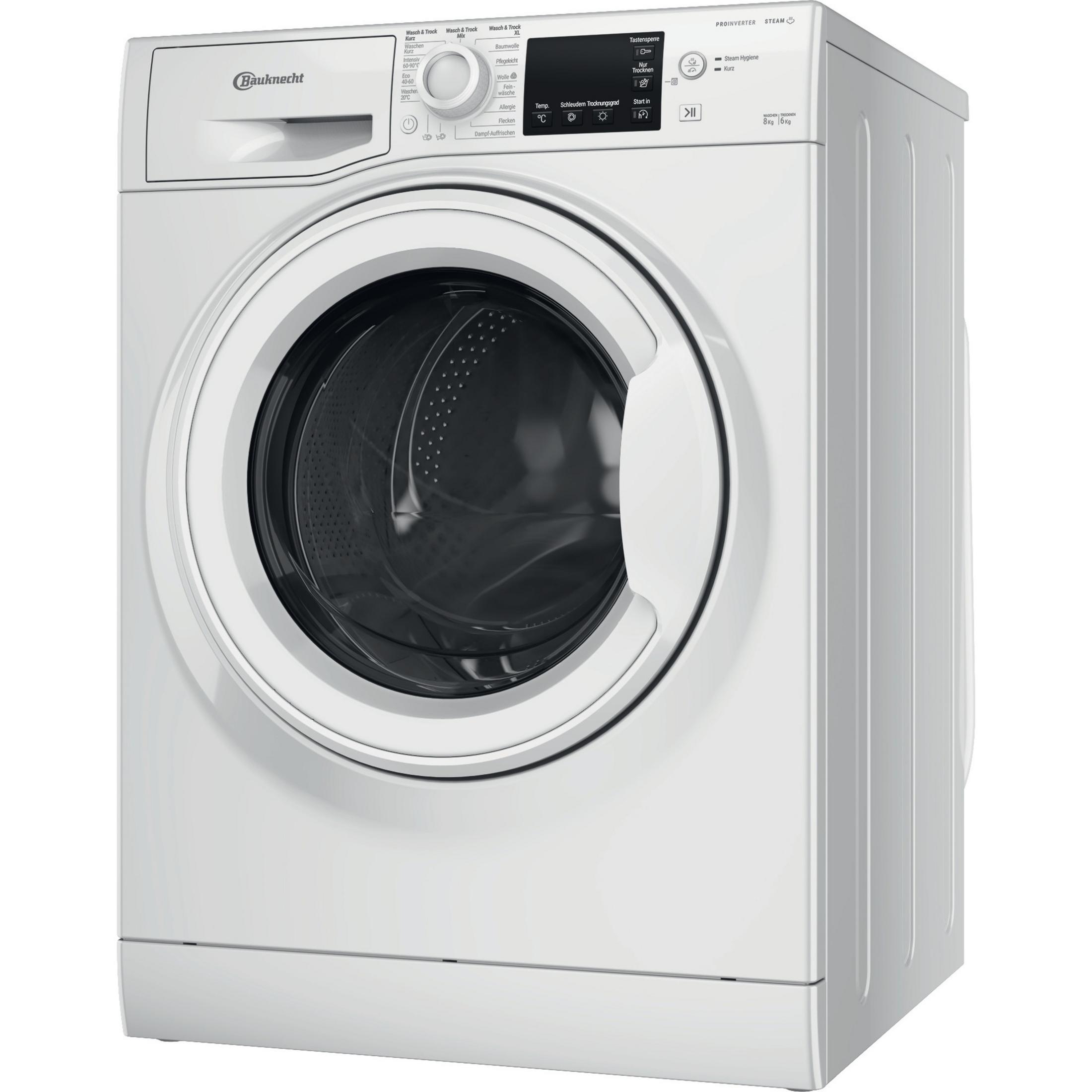 Weiße Waschmaschine mit Frontlader, Bedienfeld und silbernem Griff.