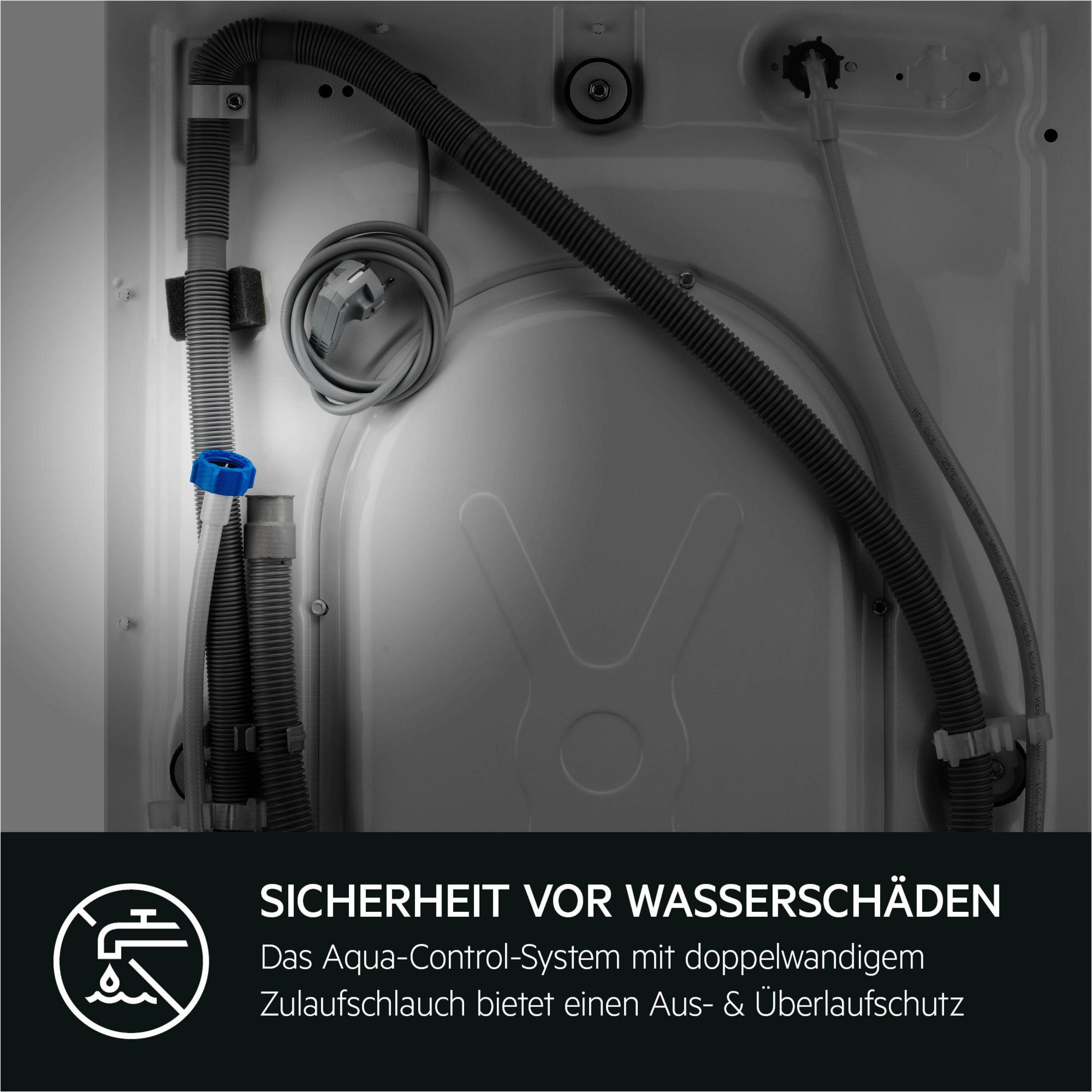 Rückseite einer Waschmaschine mit Schläuchen und einem blauen Ventil. Text auf Deutsch über Wasserschadensschutz ist sichtbar.