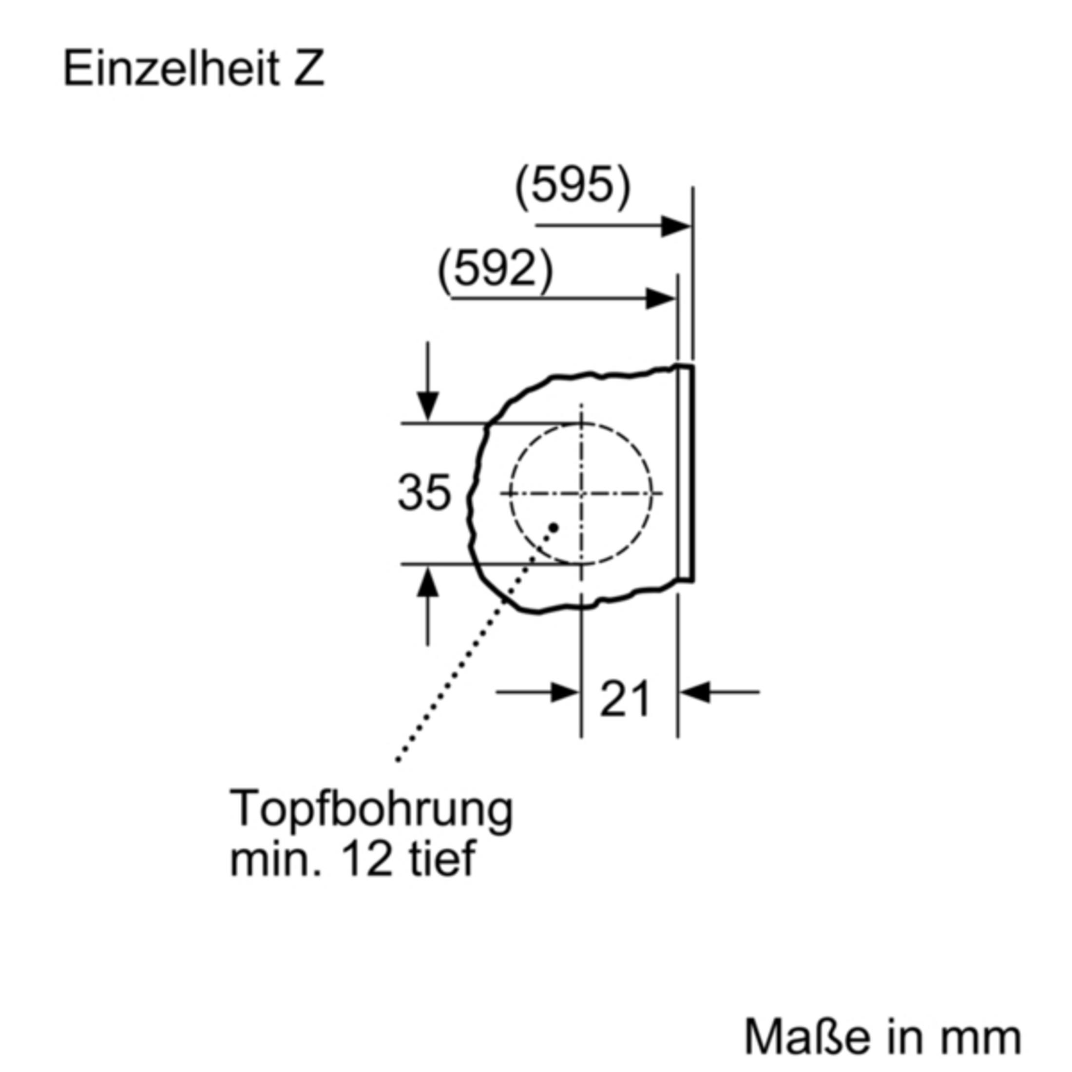 Technische Zeichnung eines Lochs mit Maßen, wahrscheinlich für ein Einbaugerät.
