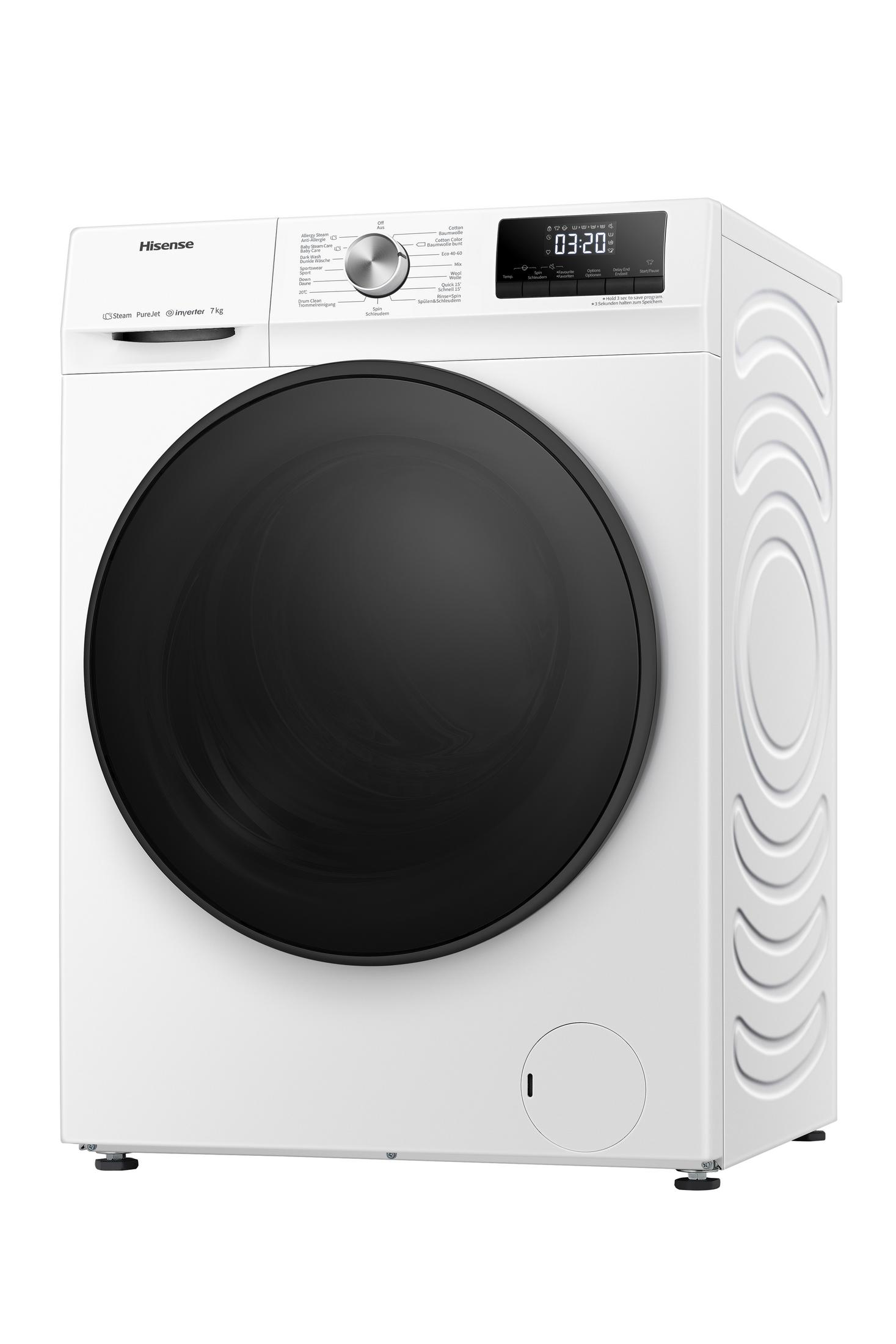 Lavatrice bianca con porta nera e display digitale, in piedi su sfondo bianco.